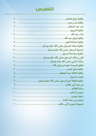 ‫حكاية زواج هاشم ......................................................................3‬
 ‫حكاية بئر زمزم ...................................................................... 3‬
 ‫نذر عبد المطلب ...................................................................... 3‬
 ‫حكاية الذبيح ........................................................................... 4‬
‫فداء عبد اهلل ............................................................................ 4‬
 ‫حكاية زواج عبد اهلل .................................................................. 4‬
 ‫حكاية حادثة الفيل .....................................................................5‬
‫حكاية ميالد الرسول صلى اهلل عليه وسلم ......................................5‬
‫تسمية الرسول صلى اهلل عليه وسلم .............................................5‬
‫حكاية رضاعة الرسول .................................................................6‬
‫أولى بركات الرسول صلى اهلل عليه وسلم .......................................7‬
‫بركات النبي صلى اهلل عليه وسلم .................................................7‬
 ‫تعلق السيدة حليمة برسول اهلل ....................................................7‬
‫حكاية شق الصدر...................................................................... 7‬
 ‫حكاية كفالة عبد المطلب.............................................................8‬
 ‫شباب الرسول ........................................................................ 9‬
 ‫حكاية كفالة عم الرسول صلى اهلل عليه وسلم ................................9‬
 ‫فى بيت أبى طالب .....................................................................9‬
‫بركة الغالم .............................................................................01‬
‫بحيرى الراهب ..........................................................................01‬
‫دعوة بحيرى ............................................................................01‬
‫محمد نبى هذه األمة .................................................................11‬
‫نصيحة بحيرى ألبى طالب ..........................................................11‬
 