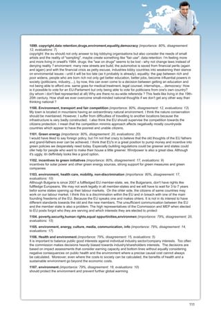 1099. copyright,data retention,drugs,enviroment,equality,democracy (importance: 80%, disagreement:
12, evaluations: 7)
copyright: the eu should not only answer to big lobbying organisations but also consider the needs of small
artists and the reality of "sampling", maybe create something like "fair use". data retention: i'm feeling more
and more living in orwell's 1984. drugs: the "war on drugs" seems to be lost - why not change laws instead of
denying reality ? enviroment: many new streets are build, the automotive is saved from financial perils (again
and again) and with the financial crisis as petty escuse, industries lobby countries into weakening their stance
on enviromental issues - until it will be too late (as it probably is already). equality: the gap between rich and
poor widens, people who are born rich not only get better education, better jobs, become influential powers in
society (politicians, industry,...), by now, this can even come to a decision between getting an education and
not being able to afford one. same goes for medical treatment, legal counsel, internships,... democracy: How
is it possible to vote for an EU-Parlament but only being able to vote for politicians from one's own country?
(by whom i don't feel represented at all) Why are there no eu-wide referenda ? This feels like living in the 19th-
20th century. How shall we ever overcome small-minded national thoughts if we don't get any other way than
thinking national ?
1100. Environment, transport and fair competition (importance: 80%, disagreement: 12, evaluations: 13)
My town is located in mountains having an extraordinary natural environment. I think the nature conservation
should be maintained. However, I suffer from difficulties of travelling to another locations because the
infrastructure is very badly constructed. I also think the EU should supervise the competition towards the
citizens protection. I mean that the competition minimis approach affects negativelly mostly countryside
countries which appear to have the poorest and unable citizens.
1101. Green energy (importance: 80%, disagreement: 20, evaluations: 20)
I would have liked to say foreign policy, but I'm not that crazy to believe that the old thoughts of the EU fathers
and grand-fathers ever can be achieved. I think that EU's in a great position to pump money and incentive into
green policies we desperately need today. Especially building regulations could be greener and states could
ofer help for people who want to make their house a little greener. Windpower is also a great idea. Although
it's uggly, itn deffinitely looks like a good option.
1102. incentives to green initiatives (importance: 80%, disagreement: 17, evaluations: 9)
incentives for solar power and other green energy sources, strong support for green measures and green
companies
1103. environment, health care, mobility, non-discrimination (importance: 80%, disagreement: 17,
evaluations: 10)
Although Bulgaria is since 2007 a fullfledged EU member-state, we, the Bulgarians, don't have rights like
fullfledge Europeans. We may not work legally in all member-states and we will have to wait for 3 to 7 years
befor some states opening up their labour markets. On the ohter side, the citizens of same countries may
work on our labour market. I think this is a discrimination within the EU and in breach with one of the main
founding freedems of the EU. Because the EU speaks one and makes ohters. It is not in its interest to have
different standards towards the old and the new members. The unsufficient communication between the EU
and the member state is also a problem. The high representatives of the Commission and MEP when elected
to EU posts forgot who they are serving and which interests they are elected to protect
1104. poverty,security,human rights,equal oppurtinities,environmen (importance: 79%, disagreement: 20,
evaluations: 15)
1105. environment, energy, culture, media, communication, info (importance: 79%, disagreement: 14,
evaluations: 17)
1106. Health and environment (importance: 79%, disagreement: 15, evaluations: 5)
It is important to balance public good interests against individual industry sector/company interests. Too often
the commission makes decisions heavily biased towards industry/shareholders interests. The decisions are
based on impact assessments that consider earning capacity and bottom lines without equally considering
negative consequences on public health and the environment where a precise causal cost cannot always
be calculated. Moreover, even where the costs to society can be calculated, the benefits of health and a
sustainable environment go beyond the economic costs.
1107. environment (importance: 79%, disagreement: 18, evaluations: 10)
should protect the environment and prevent further global warming




                                                                                                                 111
 