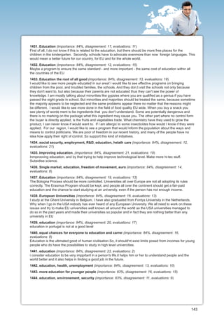 1431. Education (importance: 84%, disagreement: 17, evaluations: 11)
First of all, I do not know if this is related to the education, but there should be more free places for the
children in the kindergarten. Secondly, schools have to advocate evenmore than now foreign languages. This
would mean a better future for our country, for EU and for the whole world.
1432. Education (importance: 84%, disagreement: 12, evaluations: 15)
Maybe a program to ensure the same standard - and more important - the same cost of education within all
the countries of the EU
1433. Education the root of all good (importance: 84%, disagreement: 13, evaluations: 18)
I would like to see more people educated in our area! I would like to see effective programs on bringing
children from the poor, and troubled families, the schools. And they don;t visit the schools not only because
they don't want to, but also because their parents are not educated thus they can't see the power of
knowledge. I am mostly talking about minorities like gypsies where you are qualified as a genius if you have
passed the eight grade in school. But minorities and majorities should be treated the same, because sometime
the majority appears to be neglected and the same problems appear there no matter that the reasons might
be different. I would like to see more done in the field of food quality EU wide. When you buy a snack you
see plenty of words ment to be ingredients that you don't understand. Some are potentially dangerous and
there is no marking on the package what this ingredient may cause you. The other part where no control form
the buyer is directly applied, is the fruits and vegetables trade. What chemistry have they used to grow the
product, I can never know if would want to. If I am allergic to some insecticides how would I know if they were
applied. For our region, I would like to see a program that would inform the population about the ways and
means to control politicians. We are poor of freedom in our recent history, and many of the people have no
idea how apply their right of control. So support this kind of initiatives.
1434. social security, employment, R&D, education, helath care (importance: 84%, disagreement: 12,
evaluations: 21)
1435. Improving education. (importance: 84%, disagreement: 21, evaluations: 19)
Inmprooving education, and by that trying to help improve technological level. Make more hi-tec stuff.
Subsidise science.
1436. Single market, education, freedom of movement, euro (importance: 84%, disagreement: 14,
evaluations: 8)
1437. Education (importance: 84%, disagreement: 19, evaluations: 13)
The Bologna Process should be more controlled. Universities all over Europe are not all adopting its rules
correctly. The Erasmus Program should be kept, and people all over the continent should get a fair-paid
education and the chance to start studying at an university, even if the person has not enough income.
1438. European Universities (importance: 84%, disagreement: 16, evaluations: 13)
I study at the Ghent University in Belgium. I have also graduated from Fontys University in the Netherlands.
Why when I go in the USA nobody has ever heard of any European University. We all need to work on these
issues and try to make EU universities well known all around the world as the USA universities managed to
do so in the past years and made their universities so popular and in fact they are nothing better than any
university in EU
1439. education (importance: 84%, disagreement: 20, evaluations: 17)
education in portugal is not at a good level
1440. equal chances for everyone to education and carrer (importance: 84%, disagreement: 16,
evaluations: 8)
Education is the ultimated good of human civilisation.So, it should'nt exist limits posed from incomes for young
people who do have the possibilities to study in high level univercities.
1441. education (importance: 84%, disagreement: 23, evaluations: 2)
i consider education to be very impprtant in a person's life.it helps him or her to understand people and the
world better and it also helps in finding a good job in the future.
1442. education, health, unemployment (importance: 84%, disagreement: 13, evaluations: 10)
1443. more education for younger people (importance: 83%, disagreement: 16, evaluations: 15)
1444. education, environement, security (importance: 83%, disagreement: 11, evaluations: 9)




                                                                                                                143
 