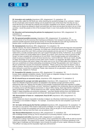 93. Innovation and creativity (importance: 85%, disagreement: 15, evaluations: 16)
 Europe is often called the Old World and, while cherishing the wonderful heritage of our continent, I believe
 the EU should take action towards making sure its people look more at the future than how they do now. I
 would like the EU to stimulate the creativity and innovation capabilities of its citizens, I would like the EU to
 make sure its citizens are allowed to dream and build their own future and are given the tools to do so in their
 societies. I would like people to think of the European Dream in even more positive terms than the American
 Dream.
 94. Education and harmonising the policies for employment (importance: 85%, disagreement: 10,
 evaluations: 8)
 This is indeed a crusial topic.
 95. The greenest possible economy. (importance: 85%, disagreement: 16, evaluations: 14)
 In every domain of our EU economy (from banking to architecture, from transport to services, etc), the
 greenest possible approach should get top priority. EU should stimulate this more with big incentives for
 positive action, as well as big fines for those entrepreneurs that are deaf and blind.
 96. Unemployment (importance: 85%, disagreement: 18, evaluations: 10)
 Dear Mr. Barroso My name is Aikaterini D. Pantoula and I'm a 26 year-old youth who faces the most important
 problem of all in her own family. In particular, my mother who comes from the most poor Prefecture of Europe
 that of Epirus cannot find a job. She's a primary school graduate and she was born in 10 August 1961. As you
 realize she's a socially secluded woman who can't support financially her family. Furthermore, as you already
 are aware of there is no social welfare here in Greece. As a result, I don't have the money to pursue my MA,
 though I've been accepted with scholarship at UU and RUN. I have Excellent grades and unfortunately my
 dream to pursue an Academic career will never become true. I work for 800 euro 136 hrs per month. Actually,
 I'm taken advantage of my services as every other youth in Greece. I'm desperate. My father suffers from
 heart AF and my granny with whom I sleep in the same room (in our 76 m^2 flat) suffers from Alzheimer. Why
 have you condemned us to these extenuating circumstances of living? My generation and I don't deserve it.
 We are condemned in poverty and employers' exploitation. Please, gives us the future we deserve, help us
 fulfill our dreams. We don't have voice to speak out and if we speak we will be fired the same time. You have
 done nothing for us and this is a grievance. Please, take measures for our generation, save us from this hell.
 Yours sincerely, Aikaterini D. Pantoula
 97. Competitive EU industry (importance: 85%, disagreement: 15, evaluations: 18)
 Europe needs a globally competitive industry. The EU needs an integrated strategy to keep its industries
 competitive. A competitive industry brings growth and jobs.
 98. EU should focus on economic issues. (importance: 85%, disagreement: 12, evaluations: 5)
 99. employment for younger and older generations (importance: 85%, disagreement: 16, evaluations: 6)
 Spain has inflexible employment policies not adaptable to the talented younger generation and the
 experienced older one. Tapping into this talent is only possible if employment laws were adjusted to modern
 day times. Far too long lunch breaks, and strict "redunancy" regulations from dictatorship days are detrimental
 to creativity and to work-life-balance environment. In days of office sharing, Spain lags behind in adjustment,
 ideas and flexibility. Target 1: Sift the wheat from the chaff - maintain efficiency with talent and experience
 Target 2: Happy employees are productive employees - give them flexible working hours and flexible work
 location convenient for younger parents and those with handicapped family members in need of care
 100. Harmonisation of taxes on : employment, fiscal & VAT (importance: 85%, disagreement: 13,
 evaluations: 8)
 Some markets are close to impossible to develop in belgium as a Business model that are possible in France
 or Germany is not rendable in Belgium. For example : e-commerce who the next competitor is just the next
 click away.
 101. fair trade: let Europe be the first fair continent (importance: 84%, disagreement: 16, evaluations: 13)
 Fair trade is in my opinion THE answer to fight poverty worldwide. It is a sign to the rest of the world: money
 doesn't rule in Europe but compassion and common sense. Why do we give so much money to Africa for
 example while, if we buy more from them, we can achieve more?
 102. Research&development (importance: 84%, disagreement: 11, evaluations: 20)
 With knowledge society coming up, the EU should focus on promoting research, science, and development.
 103. employment and skills (importance: 84%, disagreement: 8, evaluations: 10)
 Employment is always important for any of EU citizen, since it guarantees the quality of life as well as ensures
 - directly and indirectly - the support for EU polices. The skills development is of outmost importance in the
 today’s age of challenges and technologies, since it boosts the quality of human capital, following the slogan
 "The difficult I do today and the impossible might wait until tomorrow".


18
 
