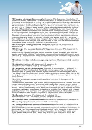 1807. european citizenship and consumer rights. (importance: 82%, disagreement: 25, evaluations: 13)
As an individual citizen, I feel there are a lot of barriers within europe on european citizenship on one side and
on consumer rights and protection on the other. The EU should concentrate more on becoming a single space
for citizens/consumers (not just companies). Examples: - I am Italian, resident in belgium. The commune of
St Gilles issued me a "residency permit" instead of an ID. I cant use it for travelling, need to go to Italy every
five years for my ID. Conclusion: feel like a B-class citizen in Belgium and not very clear on what difference
the treaty of Maastricht did for me on this... worse of all: in the capital of europe I dont know where to turn
to. Suggestion: create european citizens advise bureaux to provide advise (not brochures). - You purchase
a good in one country and you cant use it in another country because it doesn't comply with local rules. So
you have to buy the same product of the same brand in the other country. This enables companies to limit
competition and impose different prices of the same good in different countries. It happened to with several
goods I purchasec while renewing my apartment in Brussels (boiler, eletrical systems etc.... and they all
have the EC mark on it!). - airlines are totally untrasparent about how they make prices (some still have fuel
surcharge; BrusselsAirlines has higher airport taxes than others on same route, often abuse passenger rights
(still very weak anyway) and you dont know where to report these cases.
1808. human rights, economy, public health, employment (importance: 82%, disagreement: 26,
evaluations: 12)
1809. Working in other countries and social rights like pension,, (importance: 82%, disagreement: 15,
evaluations: 16)
When one moves to another country there are often limitations in the rights people have. Many rights take
years or one's whole life to build up. Pensions, certain insurances (with companies), health insurance takes a
while to set up ... it would be fantastic if the EU could play a smoothing role to make these emigrations easier
...
1810. climate, innovation, creativity, moral, legal, unity (importance: 82%, disagreement: 22, evaluations:
10)
1811. corruption (importance: 82%, disagreement: 14, evaluations: 10)
as we all know, most of the taxes we pay go into corrupt hands
1812. social rights, tax policy, ecological crises (importance: 82%, disagreement: 12, evaluations: 6)
EU should have unified minimal standards of social rights (minimal wages, working time etc.); less taxes
on income, higher on spending; more sever laws regarding environment pollution including extra taxes for
"dirty" industry and environment unfriendly products; extra high import tax for products made in countries with
dumping labour costs and disregarding enviroment standards! EU must become less dependant on imported
energy resources.
1813. Rights of citizens and transport and climate change (importance: 82%, disagreement: 12,
evaluations: 9)
The main important point for me is to get the same rights for everybody throughout the European Union. Same
rights in respect of sexual orientation, same rights in privacy or same rights in the right to have a painless
death and when I decide it. For me, it the worst point of the Lisbon Treaty is the lose of the Chart of Rights.
Besides it, the policy on transport and climate change is a very important point. A huge movement in favour of
public transport will tack our carbon footprint, and will improve our quality of life. The lack of public transpor is
particularly important on the countryside, so the UE must focus on those areas, to help to redistribute people
and to populate places where our carbon footprint can be integrated on the nature on a best way.
1814. Corruption (importance: 82%, disagreement: 19, evaluations: 15)
Politics have become a job, a corrupted one, and not a calling like it should be
1815. Healthcare, patient rights and patient safety (importance: 82%, disagreement: 20, evaluations: 12)
1816. equal rights (importance: 82%, disagreement: 18, evaluations: 12)
1817. human rights democracy unemployment equal oppurtunity (importance: 82%, disagreement: 14,
evaluations: 18)
I am so disturbed by violation of human rights. There are many children who cannot go to school and they are
forced to work. There should be equal opportunity for all children to change the vision of society and Turkey.
Unemployment has prevailed and people do not work in occupations they desire. This is against human
rights... I want to work on human rights, I want to study; yet, no one gives me a chance... Money talks




                                                                                                                  183
 