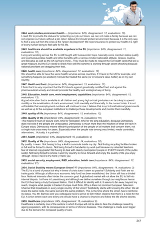 2444. work,studies,enviroment,health.... (importance: 84%, disagreement: 12, evaluations: 16)
I need EU to provide the statues for protecting our job our future. we can not make a family because we can
not organize our future without a job. Also I believe EU should protect environment because it is the only way
to find a way out from the crisis is the "green development" We need insurance to protect our health.it is right
of every human being to feel safe for his life.
2445. healthcare should be available anywhere in the EU (importance: 84%, disagreement: 11,
evaluations: 10)
Living and working across the EU is still fraught with bureaucratic traps, basically some member states qualify
and overbureaucratise health and other benefits with a narrow-minded nationalist attitude. Greece, Austria,
and Slovakia as well as the UK spring to mind... They must be made to respect the EU health cards that are a
great measure, but the EU needs to check how well the scheme is working through secret checking because
national providers are dragging their feet..
2446. health care (importance: 84%, disagreement: 12, evaluations: 12)
We should be able to have the same health services across countries. If I travel in the UK for example, and
something happens (ie accident) I should be treated the same (or in Greece's case, better) as in my own
country.
2447. Health and food. (importance: 84%, disagreement: 15, evaluations: 12)
I think that it is very important that the EU stands against genetically modified food and against the
pharmaceutical society and should promote the healthy and ecological way of living.
2448. Education, health care, work/ employment, capabilities (importance: 84%, disagreement: 15,
evaluations: 13)
A good education that is available to all children and young high school graduates can be a key to upward
mobility or the amelioration of one's environment, both mentally and financially. In the current crisis, it is not
unthinkable that unemployment numbers will continue to rise. I believe that is up to local/national governments
as well as up to the european institutions to challenge these developments and monitor them carefully.
2449. quality of life (importance: 84%, disagreement: 15, evaluations: 12)
2450. Quality of life (importance: 84%, disagreement: 13, evaluations: 16)
This means 8 hours of secure work, time for recreation, time for life-long education, because Democracy
does not exist if the people are uneducated. Democracy is much more than the mockery of what we have in
Europe today. Democracy means effective participation of the people on all matters that concern them, not
a single vote once every for years. Especially when the people vote among very limited, media controlled,
alternatives... Actually, it is pathetic!
2451. health (importance: 84%, disagreement: 10, evaluations: 2)
2452. Quality of life (importance: 84%, disagreement: 14, evaluations: 20)
By quality i mean: Not having to buy a 4x4 to commute inside my city. Not finding recycling facilites broken
or full and be forced to dump. Not being forced to handwrite my work just because my retarded teachers
fear of internet copy/paste! Not having to deal with clearly incompetent people in EVERY branch of the public
sector. Not being forced to smoke I want my country to move forward and enjoy the quality of life you enjoy
:(though i know i have to try more:) Thank you
2453. social security, employment, R&D, education, helath care (importance: 84%, disagreement: 12,
evaluations: 21)
2454. Social Stability means European Union??? (importance: 84%, disagreement: 14, evaluations: 3)
The EU is a bond of peace but why in times of crisis does it seem so passive? Solidarity and Faith are no
trade goods. Although a billion euro economic help fund has been established, the Union still has a divided
face. National interests often hinder the common goal. A globalized market will not allow the EU to fall into
internal disputs. I sit here in Luxembourg and although we define ourselves through our neighbours hence
the EU thus being a truly European Nation, I find it difficult to identify with it. It seems to far away, beyond my
reach. Imagine what people in Eastern Europe must think. Why is there no common European Television
Channel that broadcasts in every single country of the Union? Soldidarity starts with knowing the other. We all
share the same roots, the same soil and the same problem. This is the time where the Union has to reinforce
its status. You Mr. Barroso and you colleagues have to prove to 500 million citizens that there is a need for the
EU. A Union where each and every one should have a chance to improve and follow the life she/he desires.
2455. Healthcare (importance: 84%, disagreement: 16, evaluations: 6)
Healthcare is certainly one of the sectors in which Europe will not be able to face the challenge raised by
ageing population, with its consequences in terms of chronic diseases. This challenge is made even bigger
due to the demand for increased quality of care.



                                                                                                                247
 