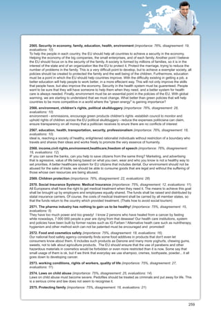 2565. Security in economy, family, education, health, environment (importance: 76%, disagreement: 19,
evaluations: 10)
To help the people in each country, the EU should help all countries to achieve a security in the economy.
Helping the economy of the big companies, the small enterprises, and of each family. Another point I believe
the EU should focus on is the security of the family. A society is formed by millions of families, so it is in the
interest of the state and of an organization like the EU to protect it. Protect the marriage, trying to reduce the
number of problems in the family. This is a very difficult point to develop, but to achieve a exemplar society, all
policies should be created to protected the family and the well being of the children. Furthermore, education
must be a point in which the EU should help countries improve. With the difficulty existing in getting a job, a
better education will help people to work better, in a more effecient way. This will not only improve the skills
that people have, but also improve the economy. Security in the health system must be guarenteed. People
want to be sure that they will have someone to help them when they need, and a better system for health
care is always needed. Finally, environment must be an essential point in the policies of the EU. With global
warming, we are starting to understand that we must change. What better than green policies that will help
countries to be more competitive in a world where the "green energy" is gaining importance?
2566. environment, children's rights, political skullduggery (importance: 76%, disagreement: 28,
evaluations: 10)
environment - emmissions, encourage green products children's rights -establish council to monitor and
uphold rights of children across the EU political skullduggery - reduce the expenses politiciana can claim,
ensure transparency on all money that a politician receives to enure there are no conflicts of interest
2567. education, health, transportation, security, professionalism (importance: 76%, disagreement: 18,
evaluations: 10)
ideal is, reaching a society of healthy, enlightened rationalist individuals without restriction of a boundary who
travels and shares their ideas and works freely to promote the very essence of humanity.
2568. income,civil rights,environment,healthcare,freedom of speech (importance: 76%, disagreement:
16, evaluations: 12)
IF you can save the banks, can you help to save citizens from the same thing? Marketing, and advertising
that is agressive, value of life being based on what you own, wear and who you know is not a healthy way to
set priorities. A better healthcare system for EU citizens that includes dental. Our envirnoment should not be
abused for the sake of trade, we should be able to cunsume goods that are legal and without the suffering of
those whose own resources are being abused.
2569. Children protection (importance: 76%, disagreement: 22, evaluations: 28)
2570. Social Insurance Systems: Medical Insurance (importance: 75%, disagreement: 12, evaluations: 11)
All Europeans shall have the right to get medical treatment when they need it. The means to achieve this goal
shall be brought up by employers and employees equally shared. The funds shall be raised and distributed by
statal insurance carriers. Of course, the costs of medical treatment shall be carried by all member states, so
that the funds return to the country which provided treatment. (Thats how to avoid social tourism)
2571. The pharma industry has nothing to gain us to be healthy! (importance: 75%, disagreement: 15,
evaluations: 5)
They have too much power and too greedy! I know 2 persons who have healed from a cancer by fasting
while nowadays, 7 000 000 people a year are dying from that desease! Our health care institutions, system
and policies have been built by former nazies such as IG Farben ! Alternative heath care such as nutritherapy,
hygienism and other method wich can not be patented must be encouraged and promoted!
2572. Food and cosmetics safety (importance: 75%, disagreement: 18, evaluations: 16)
Our national food safety agency constantly finds some food additives in products that don't even let
consumers know about them. It includes such products as Danone and many more yoghurts, chewing gums,
sweets, not to talk about agriculture products. The EU should ensure that the use of parabens and other
hazardous materials in cosmetics would be forbidden or even more restricted than it is now. Some say that
small usage of them is ok, but if we think that everyday we use shampoo, cremes, toothpaste, powder... it all
goes down to developing cancer.
2573. working conditions, rights of workers, quality of life (importance: 75%, disagreement: 27,
evaluations: 11)
2574. Laws on child abuse (importance: 75%, disagreement: 25, evaluations: 14)
Laws on child abuse must become severe. Pedofiles should be treated as criminals and put away for life. This
is a serious crime and law does not seem to recognise it.
2575. Protecting family (importance: 75%, disagreement: 18, evaluations: 21)




                                                                                                                259
 