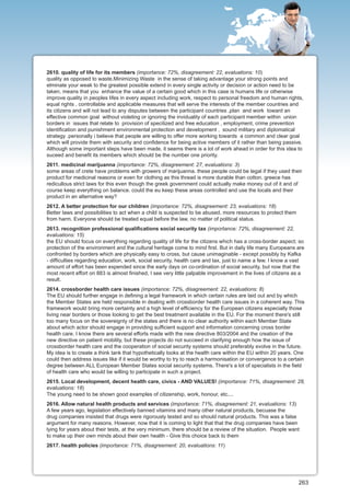 2610. quality of life for its members (importance: 72%, disagreement: 22, evaluations: 10)
quality as opposed to waste.Minimizing Waste in the sense of taking advantage your strong points and
elminate your weak to the greatest possible extend in every single activity or decision or action need to be
taken, means that you enhance the value of a certain good which in this case is humans life or otherwise
improve quality in peoples lifes in every aspect including work, respect to personal freedom and human rights,
equal rights , controllable and applicable measures that will serve the interests of the member countries and
its citizens and will not lead to any disputes between the participant countries ,plan and work toward an
effective common goal without violeting or ignoring the inviduality of each participant member within union
borders in issues that relate to provision of specilized and free education , employment, crime prevention
identification and punishment environmental protection and development , sound military and diplomatical
strategy .personally i believe that people are willing to offer more working towards a common and clear goal
which will provide them with security and confidence for being active members of it rather than being passive.
Although some important steps have been made, it seems there is a lot of work ahead in order for this idea to
suceed and benefit its members which should be the number one priority.
2611. medicinal marijuanna (importance: 72%, disagreement: 27, evaluations: 3)
some areas of crete have problems with growers of marijuanna. these people could be legal if they used their
product for medicinal reasons or even for clothing as this thread is more durable than cotton. greece has
redicullous strict laws for this even though the greek government could actually make money out of it and of
course keep everything on balance. could the eu keep these areas controlled and use the locals and their
product in an alternative way?
2612. A better protection for our children (importance: 72%, disagreement: 23, evaluations: 18)
Better laws and possibilities to act when a child is suspected to be abused, more resources to protect them
from harm. Everyone should be treated equal before the law, no matter of political status.
2613. recognition professional qualifications social security tax (importance: 72%, disagreement: 22,
evaluations: 15)
the EU should focus on everything regarding quality of life for the citizens which has a cross-border aspect; so
protection of the environment and the cultural heritage come to mind first. But in daily life many Europeans are
confronted by borders which are physically easy to cross, but cause unimaginable - except possibly by Kafka
- difficulties regarding education, work, social security, health care and tax, just to name a few. I know a vast
amount of effort has been expended since the early days on co-ordination of social security, but now that the
most recent effort on 883 is almost finished, I see very little palpable improvement in the lives of citizens as a
result.
2614. crossborder health care issues (importance: 72%, disagreement: 22, evaluations: 8)
The EU should further engage in defining a legal framework in which certain rules are laid out and by which
the Member States are held responsible in dealing with crossborder health care issues in a coherent way. This
framework would bring more certainty and a high level of efficiency for the European citizens especially those
living near borders or those looking to get the best treatment available in the EU. For the moment there's still
too many focus on the sovereignty of the states and there is no clear authority within each Member State
about which actor should engage in providing sufficient support and information concerning cross border
health care. I know there are several efforts made with the new directive 803/2004 and the creation of the
new directive on patient mobility, but these projects do not succeed in clarifying enough how the issue of
crossborder health care and the cooperation of social security systems should preferably evolve in the future.
My idea is to create a think tank that hypothetically looks at the health care within the EU within 20 years. One
could then address issues like if it would be worthy to try to reach a harmonisation or convergence to a certain
degree between ALL European Member States social security systems. There's a lot of specialists in the field
of health care who would be willing to participate in such a project.
2615. Local development, decent health care, civics - AND VALUES! (importance: 71%, disagreement: 28,
evaluations: 18)
The young need to be shown good examples of citizenship, work, honour, etc....
2616. Allow natural health products and services (importance: 71%, disagreement: 21, evaluations: 13)
A few years ago, legislation effectively banned vitamins and many other natural products, becuase the
drug companies insisted that drugs were rigorously tested and so should natural products. This was a false
argument for many reasons. However, now that it is coming to light that that the drug companies have been
lying for years about their tests, at the very minimum, there should be a review of the situation. People want
to make up their own minds about their own health - Give this choice back to them
2617. health policies (importance: 71%, disagreement: 20, evaluations: 11)




                                                                                                               263
 