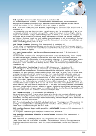 2878. agriculture (importance: 72%, disagreement: 16, evaluations: 13)
end the welfare payments to farmers - all other sectors have reformed over the last decades why not
agriculture let farmers use modern technology like gmos - dont let national politicians ban safe scientific
methods jsut because they can - stand up for science and progress for agriclture
2879. Let us know what's going on in Brussels... in plain language (importance: 72%, disagreement: 16,
evaluations: 6)
I can't believe that in the age of communication, internet, networks, etc. The commission, the EP and all their
agencies are not able to communicate properly with the people. Your message is not reaching the citizens!
people do not understand what you are there for if you don't tell them!! All your websites look very good, but
young most people are not going to read the lengthy documents you put there... we are used to twittering
and emailing... Most older people who would read the documents may not be able to access them. So, what
are you doing? come and talk to us via the internet, on the street, we want to meet you and see that you are
normal hard-working people, just like all of us.
2880. Cultural exchanges (importance: 72%, disagreement: 19, evaluations: 10)
Promote cultural exchanges between European counties, with free travels abroad for the younger students.
This is our youth and if they are conscious of the richness embedded in diversity, we would create the basis of
a pacific way of living all together.
2881. justice, trade regulatory gap, Convntn of Human Rights (importance: 72%, disagreement: 0,
evaluations: 1)
It is important that issues of justice, policing and asylum are left to each indivdual country. Ireland currently
has one of the most lenient systems of jurisprudence in terms of the human rights that are granted to
detainees in custody. The Euroinisation of human rights does not account for the indivdual approach of each
country on these sensitive topics. I am in favour of passing the Lisbon Treaty, because it would help the
institutions of Europe to function more efficently. I do not want to see Ireland or Europe take detainees from
Guantanamo Bay.
2882. civil liberties in the digital age (importance: 72%, disagreement: 21, evaluations: 14)
The Internet gives us the unique ability to communicate and publish ideas and information in a n
unprecedented way. This free flow of information scares especially older people. They are thus trying to
regulate the net, which effectively means to bury one's head in the snow. The net is a mirror of the real world,
censoring information will only hide problems, not solve them. It was designed to withstand a nuclear war,
therefore censorship will probably never be successful, only against uneducated (in technological terms)
citizens. Until now the EU has not endorsed censorship on the net, various member states did. In my opinion,
the EU should take a stance against such things. In order to become a leading power in the world, the EU
needs this free flow of information and creativity. If criminals and terrorists use them for their puroposes, the
internet shall be used to track them down and deal with them in the real life. Forcing the terrorist to read about
bombs in a library won't stop him from building one, but it'll take away the possiblity to educate themselves on
such issues from law-abiding citizens. It will also not save any child if child-pornography is blocked on the net.
It can transmitted through encrypted ways or even real life mail. On the other hand censorship could be used
to influence public opinion and weaken our democracy. Don't allow that!
2883. Culture (importance: 72%, disagreement: 13, evaluations: 2)
My name is Alexander Petkoff. I'm artist, painter. I grew up i n Germany, but went back to Bulgaria to study
painting. That is why I know a lot of the specific characteristics of both societies. In opinion the EU has the
responsibility to manage the overcoming of the misunderstandings, which result by the cultural differences. My
impression is, that there is not enough
2884. Promote intercultural and interfaith activities (importance: 71%, disagreement: 17, evaluations: 15)
Coming in your local peacehouse: a colorful program of intercultural activities, a Peace game for sharing
values, a place for interfaith dialogues, and much more!
2885. Local development, decent health care, civics - AND VALUES! (importance: 71%, disagreement: 28,
evaluations: 18)
The young need to be shown good examples of citizenship, work, honour, etc....
2886. agriculture, mitigate the differences of financial support (importance: 71%, disagreement: 18,
evaluations: 12)
2887. Transports and Culture (importance: 71%, disagreement: 20, evaluations: 15)
I live in a small island part of the Azores Archipelago. Quite isolated from the rest of Portugal and Europe.
Despite being an interesting comunity, it is still very closed and casted away from the rest of the country/
continent.




                                                                                                                289
 