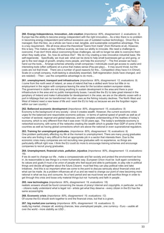 260. Energy Independence, Innovation, Job creation (importance: 80%, disagreement: 2, evaluations: 3)
Europe has the ability to become energy independent with the right innovation... As a bloc there is no problem
in becoming energy independent (and without excessive use of outdated nuclear technology). Once this is
managed, then the bloc, as a whole can have a real, tangible, and sustainable competitive advantage. This
is a key requirement. We all know about the theoretical "Gains from trade" (from Richardo et al). However,
this is lazy. This makes us lazy. Without scarcity, we lose our ability to innovate. We need a challenge to
overcome. If we don't think about overcoming those challenges, we will no longer be able to overcome them
when they really arise. So, how do achieve this? We do it by creating a new innovative industrial base. We
self-regenerate. Specifically, we must ask: what can be done to help small businesses get up and going, or
get to the next stage of growth, employ more people, and help the economy? - The first answer we have -
hand out the tools... Arrange schemes whereby small companies / individuals could get access to useful and
interesting tools (often software) at a price that makes sense (Pay-per-play)... It may sound trivial, but the
costs are not that trivial. There are a number of good reasons for this... Competition (they have it in China!),
Scale (in a small company, multi-tasking is absolutely essential), Self-regeneration (tools have changed, and
are needed) - Then - use the competitive advantage to do more...
261. unemployment, transport and infrastructure (importance: 80%, disagreement: 12, evaluations: 9)
I come from the north west of ireland, an area of ireland that has a skilled work force but little or no
employment in the region with companys leaving the area for the lucrative eastern european states.
The government in dublin are not doing anything to sustain development in the area and there is poor
infrastructure in the area and no public transportonly buses. I would like the EU to take great interest in the
periphery of Ireland and make it attractable for developement in the area, we are on the atlantic ocean with a
port in killybegs that can be transformed into other uses as the fishing industry declines. The North West and
West of Ireland need a new lease of life and i want the EU to help us because we are the forgotten region
within our own country !
262. Ballanced economic development (importance: 80%, disagreement: 15, evaluations: 9)
Economy is the background of any society - since it creates wealth. However, the current economic crisis
urges for the balanced and responsible economic policies - in terms of optimal speed of growth as well as of
number of sectoral, regional and global balances; and for complete understanding of the realities of today’s
economy, which is very different from that it was even 10-20 years ago. The today’s worldwide economy is
networked economy, with some of the networks creating the wealth which is greater than GDP of some of the
countries as well as having global connections which are above the national or even supranational regulators.
263. Training for unemployed graduates. (importance: 80%, disagreement: 18, evaluations: 9)
One problem particularly affecting my life at the moment is unemployment. There are many young graduates
now who are finding it very difficult to find an appropriate job in a sector that interests them. Due to the
economic crisis many companies are not recruiting new graduates with no experience, so things are
particularly difficult right now. I think the EU could do more to encourage training schemes and encourage
companies to recruit young graduates.
264. Unemployment, financial crisis ,pollution ,injustice (importance: 80%, disagreement: 13, evaluations:
16)
If we do want to change our life , make a compassionate and fair society and protect the environment we live
in ,its reasonnable to see things in a more humanistic way .European Union must be built again considering
its values and goals.It must a be union of people who feel equal and able to participate ,to play role in political
things and decide all together about the future.Citizens must feel they can play political roles and take
initiatives . And this is so important when we come to the point to discuss seriously about financial crisis and
what can be made .Its a problem influences all of us and we need to change our point of view becoming more
rational in what we buy and consume. Its a hard period and we must know we will sacrifice things in order to
get through this crisis and loose only material things but not humanity and faith in people .
265. new technologies (importance: 80%, disagreement: 19, evaluations: 18)
realistic answers should be found concerning the issues of piracy/ internet and copyrights, in particular, so that
- citizens really understand what is legal/ not - artists get what they deserve - every citizen in the EU has the
same access/rights
266. Economic crisis (importance: 80%, disagreement: 19, evaluations: 12)
Of course the EU should work together to end the financial crisis, but that is a given.
267. big market,one currency (importance: 80%, disagreement: 18, evaluations: 5)
really big market, cheaper all, working chances, less unemployed people...one currency - Euro - usable all
over the world - more stability as USD ..




                                                                                                                  33
 