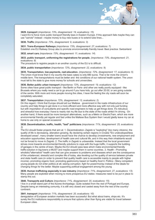 3829. transport (importance: 73%, disagreement: 19, evaluations: 15)
I want EU to force more public transport friendly laws in Eastern Europe. If this approach fails maybe they can
use "carrots" instead - maybe money to buy new buses or to extend tube lines...
3830. Traffic (importance: 73%, disagreement: 9, evaluations: 3)
3831. Trans-European Railways (importance: 73%, disagreement: 27, evaluations: 7)
Establish one EU Railway Group also to promote environmentally friendly travel. Best practice: Switzerland
3832. smart cars (importance: 73%, disagreement: 11, evaluations: 14)
3833. public transport, uniforming the registrations for people. (importance: 73%, disagreement: 21,
evaluations: 8)
The procedure to registre people in an another country of the EU is to difficult.
3834. public transportation (importance: 72%, disagreement: 22, evaluations: 9)
3835. Transportation, low payments, nad education. (importance: 72%, disagreement: 17, evaluations: 5)
The Union must know that in my country the basic salary is only 680 euros. That is far more the Union's
middle term. The transportations must be better and the conditions of our national health system. The union
must tell to the state to give more money for schools and univercities.
3836. Better public urban transport (importance: 72%, disagreement: 19, evaluations: 12)
Some cities have great public transport - like Berlin or Paris- and other are really poorly equipped - like
Brussels where you really need a car to go around if you have kids, go out after 20:00, or are going outside
of the centre. With more and more people moving the cities, I have the feeling the city roads will soon be
completely saturated.
3837. Transportation (importance: 72%, disagreement: 13, evaluations: 2)
On this regard, I think that Europe should aid our Maltese government in the roads infrastructure of our
country and help things to get done in a more efficient and more effective way with not only just funding
but with importation of consultants and specific road engineers to help us get things done. It's ridiculous
and stressful how everyday I have to nearly risk my life due to the state of the roads whilst I'm driving. On
another hand, if there would be more transport alternatives, such as a Metro or ElectricTram, which are more
environmental friendly yet regular and fast unlike the Maltese Bus System then I would gladly leave my car at
home to use only on special occasions!
3838. Decentralization, traffic, health, "bad" politicians (importance: 71%, disagreement: 25, evaluations:
3)
The EU should foster projects that aim at: 1. Decentralization- Zagreb is "exploding" (too many citizens), the
quality of life is decreasing, alienation growing. By declaring certain regions in Croatia "EU undeveloped/less
developed areas", many smaller towns would have the chance to develop (investments, new employment and
education opportunities, development of health care and cultural life..and in this way their inhabitants would
not be forced to move to Zagreb. 2. The traffic in Zagreb is unbearable. Instead that the local government
strives more towards environmental-friendly solutions to cope with the huge traffic, it supports the building
of garages in the centre of town. Maybe the EU should pass laws which make environmental-friendly
traffic-solution in big-towns a MUST and maybe support them in some countries. 3. Health - Promoting
wholistic/"alternative" health care that can give answers to problems and diseases which are the consequence
of the unbalanced, stressful and complex life of today, also leveling out the quality of service between private
and state health care (in order to prevent that quality health care is accessible mainly to people with higher
income), promoting organic food, promoting gastronomy based on healthy food 4. Politics - Many competent
young people do not enter politics at all, seeing corruption, fight for power/money instead of the ideals for
changing things for the better. Maybe supporting political engagement among the young
3839. Human trafficking especially in sex industry (importance: 71%, disagreement: 27, evaluations: 13)
Many people are exploited when moving to more prosperous EU states- measures need to be put in place to
stamp this out.
3840. Transports and Culture (importance: 71%, disagreement: 20, evaluations: 15)
I live in a small island part of the Azores Archipelago. Quite isolated from the rest of Portugal and Europe.
Despite being an interesting comunity, it is still very closed and casted away from the rest of the country/
continent.
3841. transport (importance: 71%, disagreement: 20, evaluations: 10)
deregulation of European aviation markets has been successful. But what about trains, ships etc. It's
surely the EU institutions responsibility to ensure that options other than flying are viable for travel between
European cities.




                                                                                                                   383
 