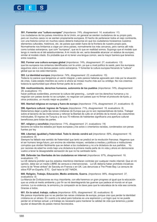 591. Fomentar una "cultura europea" (importance: 74%, disagreement: 14, evaluations: 11)
 Los ciudadanos de los países miembros de la Unión, en general se sienten ciudadanos de su propio país,
 pero en muchos casos no se sienten propiamente europeos. El hecho de pertenecer todos al viejo continente,
 con una historia común en muchos casos debería traducirse en que los ciudadanos hiciesemos nuestros
 elementos culturales, históricos, etc. de países que están fuera de la frontera de nuestro propio país.
 Normalmente nos limitamos a viajar por otros países, normalmente los más cercanos, pero vamos allí más
 como turistas extranjeros, que com "europeos", que es lo que en realidad somos. Supongo que el modelo que
 tengo in mente es el del estadounidense. A mi modo de ver, sería deseable alcanzar un estatus de europeo,
 similar al modelo citado. Es probable que el no tener una lengua común, sea la mayor barrera que tenemos
 entre nosotros.
 592. Formar una cultura europea global (importance: 74%, disagreement: 27, evaluations: 13)
 que los europeos nos sintamos identificados con la unión, ya que a nivel político la oestá, pero los europeos
 seguimos vieno a los demas paises como extranjeros. Y fomentar la cultura europea frenando la "cultura"
 global que se nos está internando.
 593. La identidad europea (importance: 74%, disagreement: 23, evaluations: 15)
 Todavía no parece que tengamos un sentir integral, y esto parece haberse agravado aún más por la situación
 de crisis. Cada estado miembro es como si ahora se mirase mucho más aún su ombligo. No nos creemos
 todavía la oportunidad que ofrece formar parte de la unión.
 594. medioambiente, derechos humanos, autonomia de los pueblos (importance: 74%, disagreement:
 20, evaluations: 11)
 hacer políticas sostenibles, promover la cultura del greening... cumplir con los derechos humanos y no
 negociar con paises donde no se cumplen, no negociar con paises que no firman el protocolo de kyoto, y
 otros protocolos, un mundo mejor es posible! :)
 595. libertad religiosa en europa y fuera de europa (importance: 71%, disagreement: 21, evaluations: 8)
 596. Apertura cultural. Ingreso de Turquia (importance: 71%, disagreement: 18, evaluations: 9)
 Deberíamos dejar a parte las raíces cristianas de Europa que ya no son representativas de todos. Trabajar
 sobre el laicismo de las instituciones y reforzar la libertad de culto en el ámbito de la moral y las costumbres
 individuales. El ingreso de Turquía y de sus 70 millones de habitantes significaría una apertura cultural
 beneficiosa para todas las partes.
 597. religion y xenofobia (importance: 71%, disagreement: 21, evaluations: 14)
 laicismo en todos los estados por leyes europeas y los actos o cmentarios racistas, condenados con penas
 fuertes por ley
 598. Libertad, igualdad y fraternidad. Todo lo demás vendrá sol (importance: 69%, disagreement: 16,
 evaluations: 9)
 Siempre ha faltado ese sentido de fraternidad que tanto se predicó en la revolución francesa. Hagamos que
 el ser humano tenga futuro, por encima de videntes miopes, verdades a medias y políticos e instituciones
 corruptos que olvidan fácilmente que se deben a los ciudadanos y no a la dictadura de sus partidos. Yo
 por razones de edad he vivido bajo una dictadura la primera media parte de mi vida y ahora en democracia
 vuelvo a tener la desagradable sensación de que no ha cambiado tanto.
 599. Defender las libertades de los ciudadanos en internet (importance: 67%, disagreement: 19,
 evaluations: 17)
 La UE debería prohibir que los estados miembros intentaran controlar por cualquier medio internet. Que en mi
 opinión, debe ser un medio LIBRE de censura e intervenciones. La UE debería haber prohibido iniciativas
 como la de "three strikes" de Sarzoky en Francia o en UK. Las denuncias a The Pirate Bay. La censura de
 sitios P2P en España. ETC. Qué hace la UE? NADA.
 600. Religión, Trabajo, Educación, Medio ambiente, Guerra. (importance: 66%, disagreement: 37,
 evaluations: 5)
 La Alianza de Civilizaciones es muy importante, con ella haremos un gran progreso al igual que la educación
 que va unida al medio ambiente y por fin se irá desintegrando las guerras que padece el mundo en el que
 vivimos. La no-violencia, la armonía y la compasión es la clave para que la naturaleza de la vida sea correcta.
 Gracias a todos.
 601. En la salud, trabajo, cultura (importance: 63%, disagreement: 30, evaluations: 8)
 Me parece importante que no se pierdan las raices cristianas de europa, porque creo que perder la identidad
 cristiana es un atraso. En cuanto a la salud para todos/as es una aspiracion y un logro que no se puede
 perder en el tiempo actual. y el trabajo es necesario para mantener la calidad de vida que tenemos y poder
 ayudar al desarrollo de paises menos favorecidos.




588
 
