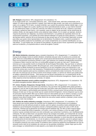 608. Religión (importance: 49%, disagreement: 28, evaluations: 11)
 En la ciudad donde vivo, comunidad autónoma, país... mires donde mires, está todo contaminado con la
 religión. El culto es algo que entiendo y respeto, pero debe ser algo privado, que cada uno lo practique en su
 casa o en su iglesia. Por lo tanto, no puedo entender, que cuando dos personas intentan debatir algo, si una
 de ellas tiene la religión de su parte, significa que tiene automáticamente la razón. Lo que intento transmitir
 es, que deberíamos dejar a un lado las creencias (me refiero en el ámbito de la UE), instando a que todos
 los países y gobiernos sean laicos, y por supuesto, sacar la religión de las escuelas, de las ceremonias de
 carácter oficial y de más lugares donde nunca deberían haber estado. En mi ciudad, por ejemplo, donde la
 mayoría de personas son religiosas, se produce este fenómeno: Los partidos de izquierdas ahora son de
 centro(centro-izquierda), y los partidos de centro-derecha albergan a la gente de centro-derecha, y a toda el
 ala fascista radical, resquicio de la era franquista (lo digo porque aqui en la Comunidad Valenciana, es jauja
 para ellos) que quiere verse representada con la democrácia. El problema viene, cuando la sociedad no
 entiende de política (nadie les ha enseñado), por lo tanto simplemente van a sentirse identificados con sus
 más afines. Lo que implica que, sin pensar en las políticas, se pasa al juicio moral, suponiendo que la iglesia
 está con la derecha, y la izquierda está en contra de la iglesia. Cuando




 Energy
 609. Medio Ambiente y recursos (agua y energía) (importance: 91%, disagreement: 11, evaluations: 10)
 Europa ha de trabajar contra el cambio climático, el deshielo del polo norte, el cambio en la corriente del
 golfo. Ahora los combustibles han bajado como consecuencia del decrecimiento económico pero en cuanto
 haya una recuperación económica volverán a subir ¿qué haremos con nuestras convalecientes economías
 si empieza a haber inviernos más fríos y el combustible extrajero es cada vez más caro?. Quizás para
 entonces ya no sea posible invertir en el desarrollo de las Energías Renovables. Hay que hacer un esfuerzo
 ahora lo más rápido e intenso posible. Me preocupa que, como consecuencia de la crisis, se abandonen las
 inversiones en Medio Ambiente ya que los beneficios no son tan inmediatos como una subvención a una
 fábrica de coches pero mucho más necesarios. Probablemente la políticas educativas e informativas han de
 incidir en estos aspectos para que los ciudadanos valoren correctamente estas inversiones. Por encima de
 todo esto me preocupa que se tome el camino de la energía nuclear, un camino sin retorno que puede poner
 en peligro a generaciones futuras. Otros temas que me parcen importantes son la contaminación de las
 aguas y la ausencia de una legislación comunitaria que prohiba los alimentos transgénicos. Espero que entre
 todos sepamos tomar las decisiones correctas. Un saludo.
 610. Empleo bienestar social y politica energética (importance: 87%, disagreement: 10, evaluations: 18)
 La política energética tambien deberia ser común
 611. Union, Empleo, Emigracion, Energia Verde, (importance: 86%, disagreement: 13, evaluations: 12)
 La Eu Nesesita estar mas unido entre sus miembros y hay que tener mas igualdad entre paises grandes y
 pequenos y que se vota no para meyorar el pais pero que todos votan para meyorar la vida de los europeos.
 Empleo : mas empleo y oportunidades para aprender el oficio y aunque suena mal que primero los europea
 despues el resto que no hay que olvidar que es nuestro territorio Emigracion: menos emigracion que la union
 se junta para meyorar tabien ellos que no tienen futuro en otros paises que asi no vienen a europa y si pues
 que le mandan de vuelta, que es verdad la mayoria de los crimenes viene de los emigrantes (con todo el
 respecto hacia ellos) Energia Verde : perder dentro de unos años nuestro adiction a petroleo y tener coches
 electricos y todo mas ecologico
 612. Política de medio ambiente y energías. (importance: 84%, disagreement: 16, evaluations: 10)
 Hace tiempo que muchos países han decidido que el cúlpable de la contaminación es el ciudadano,
 penalizando el uso del vehículo privado en exceso, pero sin aplicar una política medio ambiental real. La
 realidad es que el transporte (incluyéndo aviación y transporte público) supone tan solo un 40% de las
 emisiones, mientras que la generación de energía supone bastante más. Por ello no tiene ninguna lógica
 que a mi me cueste más dinero la gasolina, o el coche, y por contra a Endesa o a Eon les salga "gratis"
 construir nuevas centrales térmicas o de ciclo combinado, que contaminan muchísimo y son manifiestamente
 ineficaces. Por ello se debe hacer una apuesta real por las energías renovables, por el desarrollo de nuevas
 fuentes como la fusión nuclear, y penalizar lo que de verdad es más contaminante, que curiosamente es más
 sencillo, y dejar de cargar al ciudadano de a pie con impuestos estúpidos. Lo único que pido en este aspecto
 es consecuencia de las decisiones, si a mi se me aplica un recargo en la gasolina, que se lo apliquen igual a
 la eléctrica de turno, y si a mi se me rebaja el coche si este contamina menos, que se haga lo mismo cuando
 la compañía construya una nueva central. El problema viene cuando los gobiernos incompetentes ven que se
 recauda mucho más con el ciudadano de a pie que con las grandes compañías. ¿Quien mejor que la unión
 para conseguir un entendimiento en este aspecto y una mejora de la situación?



590
 