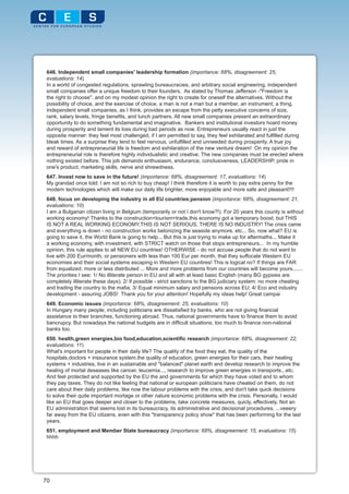 646. Independent small companies' leadership formation (importance: 68%, disagreement: 25,
 evaluations: 14)
 In a world of congested regulations, sprawling bureaucracies, and arbitrary social engineering, independent
 small companies offer a unique freedom to their founders. As stated by Thomas Jefferson -"Freedom is
 the right to choose". and on my modest opinion the right to create for oneself the alternatives. Without the
 possibility of choice, and the exercise of choice, a man is not a man but a member, an instrument, a thing.
 Independent small companies, as I think, provides an escape from the petty executive concerns of size,
 rank, salary levels, fringe benefits, and lunch partners. All new small companies present an extraordinary
 opportunity to do something fundamental and imaginative. Bankers and institutional investors hoard money
 during prosperity and lament its loss during bad periods as now. Entrepreneurs usually react in just the
 opposite manner: they feel most challenged, if I am permitted to say, they feel exhilarated and fulfilled during
 bleak times. As a surprise they tend to feel nervous, unfulfilled and unneeded during prosperity. A true joy
 and reward of entrepreneurial life is freedom and exhilaration of the new venture dream! On my opinion the
 entrepreneurial role is therefore highly individualistic and creative. The new companies must be erected where
 nothing existed before. This job demands enthusiasm, endurance, conclusiveness, LEADERSHIP, pride in
 one's product, marketing skills, nerve and shrewdness.
 647. Invest now to save in the future! (importance: 68%, disagreement: 17, evaluations: 14)
 My grandad once told: I am not so rich to buy cheap! I think therefore it is worth to pay extra penny for the
 modern technologies which will make our daily life brighter, more enjoyable and more safe and pleasant!!!!
 648. focus on developing the industry in all EU countries;pension (importance: 68%, disagreement: 21,
 evaluations: 10)
 I am a Bulgarian citizen living in Belgium (temporarily or not I don't know?!). For 20 years this county is without
 working economy! Thanks to the construction+tourism+trade,this economy got a temporary boost, but THIS
 IS NOT A REAL WORKING ECONOMY,THIS IS NOT SERIOUS, THERE IS NO INDUSTRY! The crisis came
 and everything is down - no construction works betonizing the seaside anymore, etc... So, now what? EU is
 going to save it, the World Bank is going to help... But this is just trying to make up for aftermaths... Make it
 a working economy, with investment, with STRICT watch on those that stops entrepreneurs... In my humble
 opinion, this rule applies to all NEW EU countries! OTHERWISE - do not accuse people that do not want to
 live with 200 Eur/month, or pensioners with less than 100 Eur per month, that they suffocate Western EU
 economies and their social systems escaping in Western EU countires! This is logical no? If things are FAR
 from equalized, more or less distributed ... More and more problems from our countries will become yours.......
 The priorities I see: 1/ No illiterate person in EU and all with at least basic English (many BG gypsies are
 completely illiterate these days); 2/ If possible - strict sanctions to the BG judiciary system: no more cheating
 and trading the country to the mafia; 3/ Equal minimum salary and pensions across EU; 4/ Eco and industry
 development - assuring JOBS! Thank you for your attention! Hopefully my ideas help! Great campai
 649. Economic issues (importance: 68%, disagreement: 25, evaluations: 10)
 In Hungary many people, including politicians are dissatisfied by banks, who are not giving financial
 assistance to their branches, functioning abroad. Thus, national governments have to finance them to avoid
 bancrupcy. But nowadays the national budgets are in difficult situations, too much to finance non-national
 banks too.
 650. health,green energies,bio food,education,scientific research (importance: 68%, disagreement: 22,
 evaluations: 11)
 What's important for people in their daily life? The quality of the food they eat, the quality of the
 hospitals,doctors + inssurance system,the quality of education, green energies for their cars, their heating
 systems + industries, live in an sustainable and "balanced" planet earth and develop research to improve the
 healing of mortal deseases like cancer, leucemia..., research to improve green energies in transports,..etc.
 And feel protected and supported by the EU the and governments for which they have voted and to whom
 they pay taxes. They do not like feeling that national or european politicians have cheated on them, do not
 care about their daily problems, like now the labour problems with the crisis, and don't take quick decisions
 to solve their quite important mortage or other nature economic problems with the crisis. Personally, I would
 like an EU that goes deeper and closer to the problems, take concrete measures, quicly, effectively. Not an
 EU administration that seems lost in its bureaucracy, its administrative and decisional procedures, ...veeery
 far away from the EU citizens, even with this "transparency policy show" that has been performing for the last
 years.
 651. employment and Member State bureaucracy (importance: 68%, disagreement: 15, evaluations: 15)
 hhhh




70
 