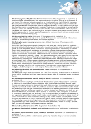 652. Unemployment,Safety,Education,Enviroment (importance: 68%, disagreement: 14, evaluations: 9)
Every year people finish their studies..They get diplomas etc but no one can find a job on the profession he
has studied.This makes you feel too pressured...As for the safety,it is known that in EU the big changes on
the society have made people to turn on theft,raids and generally in illegality.But as we try to feel safe with
the police,lately we have witnessed many times the delinquent behavior of the police itself.No one can forget
the whole Athens being burned by protestors because of the death of an innocent child,nor can we forget the
death of a camera man in the UK because of a police man that pushed him on the back without any reason.
Can we feel safe in the EU with this police?As for the education,I think that we do not get educated in order to
be thinking persons,but for the exact opposite!Finaly,as per the enviroment there is not much to say,we should
adapt a more enviromental-friendy policy...
653. circumscribed free market (importance: 67%, disagreement: 20, evaluations: 15)
support to SMEs should remain high on the eu agenda. At the same time economic activity in the eurozone
needs to be secured through better lending and borrowing regulation.
654. Making European research programmes more efficient! (importance: 67%, disagreement: 9,
evaluations: 9)
Europe is at risk of falling behind its major competitors (USA, Japan, and China) in terms of its capacity to
provide an adequate infrastructure for transformative innovations, which are needed for sustainable economic
growth. To tackle this problem, the EC has increased its spending on research. Unfortunately, the potential
impact of this welcome initiative is unlikely to be fully realized, because of the associated bureaucratic
burden and financial control over users. A draconian level of administration and control was installed to
create accountability and to avoid fraud, but it achieves exactly the opposite of what is supposed to deliver,
resulting in poor value for taxpayer’s money. There is ample evidence that many research groups in Europe
refuse even to apply for European funding, because they are wary of the disproportionate time taken by
administration of potential grants. For those who are successfully funded, the reality of bureaucratic control,
which is typically highly inefficient, wastes valuable time and creates a climate of learned helplessness. The
greater the administrative burden, the less attractive the grant becomes to excellent researchers, and the
greater the risk that funding goes to the mediocre and the desperate. Researchers use grants to increase
scientific output and to enhance their career prospects. Their incentive to misuse taxpayer’s money is
negligible. A flexible funding scheme would recognize the inevitable uncertainties in the day
655. Democratic economy - For a Non-capitalistic Europe (importance: 67%, disagreement: 30,
evaluations: 10)
1% of the people living in the European Union, own a 30% of the prosperity. So there has to be an alternative
form of sharing prosperity. A democratic mode of economy activity has to be installed and replace capitalism in
Europe.
656. The educational system is old -Few money for research (importance: 67%, disagreement: 22,
evaluations: 15)
In Greece like almost everything is centrally based. The educational system and especially the examination
of entering to the universities is changing every three years! (When a new goverment is taken the power).
There is no any good colleration of studies with the needs of the market and the knowledge inquired is not well
integrated by one study level to another. The problem of course is not at the final examinations but at the job
that is taking place until that level. There is no any assesment of the teachers and proffesors by their students
as it happens elsewhere, but the most important for me is the structural way of teaching (one book, very tight
framewok of the lesson, no interaction with the students, no promotion of active participation, no promotion
of the students imagination and their personality. From the other hand when the students graduate they is no
any organisation to assist them to enter smootly into the market, to explain them what the choices of work (of
course these should take place much earlier at the age of 15!). Another point has to do with the low level of
innovation and research in my country. There is no any specific interest to promote research to the universities
and the industry research is something unknown here. The research of the univerisities is usually the EU
programmes that give some money to the Universities and to professors but there is no actually a research,
there is no such real planning! Therefore with have large braindrain.
657. market regulation (importance: 67%, disagreement: 29, evaluations: 18)
658. keeping their collective noses out of our business (importance: 67%, disagreement: 25, evaluations:
9)
659. Use our military technology to stop covert drug importation (importance: 67%, disagreement: 22,
evaluations: 4)
We should be utilising satellites & radar to protect against drug importation along our vast and vulnerable
coastlines.




                                                                                                               71
 