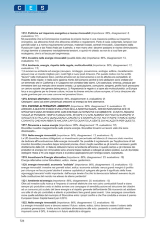 1312. Politiche sul risparmio energetico e risorse rinnovabili (importance: 86%, disagreement: 8,
 evaluations: 11)
 Mi piacerebbe che la Commissione investisse le proprie risorse in una massiccia politica sul risparmio
 energetico, sia attraverso fondi che attraverso direttive e regolamenti. Parlo di case coibentate, lampioni con
 pannelli solari e a norma inquinamento luminoso, materiali riciclati, centrali rinnovabili.. Dipendiamo dalla
 Russia per il gas e dai Paesi Arabi per il petrolio, e man mano che i decenni passano le risorse diminuiscono.
 A lungo termine si creeranno inevitabilmente tensioni, e quindi mi chiedo: se non lo si vuol fare per
 ecologismo, che lo si faccia per lungimiranza.
 1313. Investire nelle energie rinnovabili (qualità della vita) (importance: 86%, disagreement: 13,
 evaluations: 14)
 1314. Ambiente, energia, rispetto delle regole, multiculturalità (importance: 86%, disagreement: 12,
 evaluations: 13)
 1) Lavorare su ambiente ed energie (recupero, riciclaggio, prevenzione, ecologia, edilizia, riscaldamento,
 acqua) crea un mondo migliore per i nostri figli e nuovi posti di lavoro. Per questo motivo non ho scritto
 "lavoro" nelle motivazioni brevi, perchè arriverà con la riconversione e con le attività eco-compatibili. 2)
 Rispetto delle regole: in Italia sono appena morte 300 persone perchè le loro abitazioni sono crollate per
 un terremoto che in California o in Giappone non avrebbe fatto danni. Chi costruisce, smercia, produce per
 immettere beni sul mercato deve essere onesto. La speculazione, corruzione, tangenti, profitti facili provocano
 un cancro sociale che genera delinquenza. 3) Rispettando le regole ci si apre alla multiculturalità: un'Europa
 laica e accogliente per le diverse culture, incluse le diverse antiche culture europee, è l'unica direzione alla
 quale guardare per una casa comune nel prossimo futuro
 1315. Energie alternative (importance: 86%, disagreement: 9, evaluations: 9)
 Obbligare i paesi ad avere percentuali crescenti di energia da fonti alternative.
 1316. ENERGIE ALTERNATIVE. AMBIENTE (importance: 86%, disagreement: 9, evaluations: 6)
 ARRIVATI A QUESTO STADIO EVOLUTIVO DELLA NOSTRA RAZZA, CREDO NON SERVA CHE IO
 SPECIFICHI COSA INTENDO DIRE CON ENERGIE ALTERNATIVE ED AMBIENTE: O AVETE ANCORA
 VOGLIA DI PERDERE TEMPO A DISCUTERE. MI ASPETTO CHE ALMENO VOI POLITICI EUROPEI VI
 SVEGLIATE E FACCIATE QUALCOSADI CONCRETO E SIGNIFICATIVO. NOI VI ASPETTIAMO E SONO
 CONVINTO CHE NON ABBIATE ANCORA CAPITO QUANTO LA GENTE SIA INCAZZATA PER QUESTO.
 1317. Sicurezza e nuove energie (importance: 86%, disagreement: 15, evaluations: 10)
 Dovrebbe investire maggiormente sulle proprie energie. Dovrebbe trovarmi un lavoro visto che sono
 disoccupato...
 1318. Nelle energie rinnovabili (importance: 86%, disagreement: 13, evaluations: 6)
 La UE dovrebbe rendere obbligatorio un investimento percentuale nel bilancio di ciascuno stato membro
 da dedicare all'incentivazione delle energie rinnovabili. Se possibile il regolamento per l'applicazione di tali
 incentivi dovrebbe prevedere tappe temporali precise. Ancor meglio sarebbe se gli incentivi venissero gestiti
 direttamente dalla UE: in Italia le istituzioni hanno la tendenza all'inerzia in questo campo e gli interessi dei
 produttori di energia non rinnovabile sono ancora troppo radicati e collegati al potere politico. La UE dovrebbe
 obbligare l'Italia a fre una legge chiara e di pratica applicazione per l'energia solare, soprattutto.
 1319. Incentivare le Energie alternative (importance: 86%, disagreement: 23, evaluations: 18)
 Energie alternative come fotovoltaico, eolico, meree, geotermico.
 1320. energie rinnovabili. economia "solidale" (importance: 86%, disagreement: 15, evaluations: 15)
 energie rinnovabili: investire nei pannelli solari, eolica. economia solidale: senza grandi margini di profitto
 per chiunque ne faccia parte! abolire il sistema capitalistico! spiegare alla gente il significato della frase:
 signoraggio bancario! molto importante: dall'europa tenete d'occhio la democrazia italiana! avevamo la più
 bella costituzione del mondo ma adesso la stiamo perdendo!
 1321. Ambiente ed energia (importance: 86%, disagreement: 20, evaluations: 13)
 Oltre ad investire sulla ricerca e l'impianto di centrali elettriche che non usino combustibili fossili e siano
 sempre più produttive credo si debba avviare una campagna di sensibilizzazione ed istruzione dei cittadini
 ad un consumo più oculato del bene energia e al rispetto generale dell'ambiente.Già riuscendo ad adottare
 uno stile di vita più controllato e attento si potrebbero fare grandi passi avanti. Una campagna comunitaria
 come quella adottata dal municipio di Stoccolma entro i propri confini e che l'ha condotta a vincere il premio
 European Green Capital Award per il 2010.
 1322. Nelle energie rinnovabili (importance: 86%, disagreement: 12, evaluations: 18)
 Le energie rinnovabili sono e devono essere il futuro: solare, eolico, idrico devono essere il volano della
 prossima generazione. Inoltre anche cambiare alimentazione alle auto, passando a combustibili meno
 inquinanti come il GPL, il metano e in futuro elettricità e idrogeno


724
 