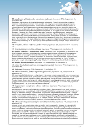 39. zatrudnienie, opieka zdrowotna oraz ochrona środowiska (importance: 82%, disagreement: 12,
evaluations: 13)
Największe znaczenie ma dla mnie bezpieczeństwo zatrudnienia. Po skończeniu studiów chciałabym
móc mieć możliwość zatrudnienia w moim zawodzie oraz otrzymywać za swoja pracę wynagrodzenie,
które zapewni mi godny poziom życia. Jednocześnie chciałabym mieć możliwość dalszego uczenia się
i dostosowywania swoich kwalifikacji do zmieniającej się sytuacji gospodarczej i oczekiwań rynku pracy.
Moim zdaniem bardzo ważna sprawa jest zapewnienie obywatelom w Polsce opieki zdrowotnej na wysokim
poziomie. Pomimo że polscy lekarze są dobrymi specjalistami, to ze względu na brak środków finansowych
szpitale w Polsce nie są w stanie zapewnić wszystkim pacjentom odpowiedniej opieki. Następnym
zasadniczym zagadnieniem jest ochrona środowiska naturalnego w Polsce. Myślę, że najważniejsze jest
zapewnienie akcji promocyjnych i edukacyjnych w tej sprawie. Polacy często nie wiedzą jak niewiele trzeba
robić, żeby zaoszczędzić energię lub nie marnować wody we własnym domu. Poza tym widzę tu duże pole do
popisu dla naukowców oraz rządu, którzy razem powinni opracowywać plan zapobiegania zanieczyszczeniom
oraz oszczędzania energii, m. in. wykorzystując alternatywne środki energii takie jak: energia słoneczna czy
wodna.
40. Energetyka, ochrona środowiska, służba zdrowia (importance: 78%, disagreement: 14, evaluations:
12)
41. eknomia, kultura, środowisko, edukacja, (importance: 77%, disagreement: 8, evaluations: 9)
42. Ochrona środowiska i zrównoważony rozwój. (importance: 76%, disagreement: 24, evaluations: 19)
Unia Europejska powinna w bardziej aktywny sposób promować ochronę środowiska. Wszyscy widzimy,
jak drastycznie zmienia się klimat i środowisko naturalne. Zmiany zachodzą na naszych oczach. UE
powinna wspierać projekty i programy zmierzające do promowania ochrony środowiska, segregacji śmieci,
wykorzystywania materiałów z odzysku, używania energooszczędnych żarówek itp. Oprócz rozwoju
przemysłu i nowych technologii, drugą "twarzą" Unii powinny być bardzo wysokie standardy ekologiczne.
43. eknomia, kultura, środowisko (importance: 75%, disagreement: 11, evaluations: 7)
44. zmiany klimatu, bezpieczeństwo, zdrowie publiczne, podatki (importance: 74%, disagreement: 12,
evaluations: 12)
45. Środowisko (importance: 73%, disagreement: 27, evaluations: 21)
46. ochrona środowiska, polityka zagraniczna, gospodarka (importance: 72%, disagreement: 11,
evaluations: 12)
UE powinna zadbać o środowisko w którym żyjemi i sprawowac swego rodzaju nadzór nad zrównoważonym
rozwojem państw członkowskich. Jednocześnie powinna w stosunkach z państwami trzecimi - "na zewnątrz"
- reprezentować jednolite i spójne stanowisko, a jednocześnie bardziej aktywnie działać na tej arenie,
forsując interesy Europy jako kontynentu w dobie globalizacji i wzrastającego znaczenia takich potencjalnych
potęg ekonomicznych oraz demograficznych takich jak Chiny, Indie, Brazylia.. a na końcu i tak po pierwsze
gospodarka głupku :) jak juz to ktoś to wcześniej powiedział..
47. Bezpieczeństwo energetyczne i ochrona środowiska (importance: 71%, disagreement: 25,
evaluations: 9)
Bezpieczeństwo energetyczne jest ważnym czynnikiem, o który powinna zadbać Unia. Myślę zarówno o
pobieraniu surowców energetycznych z różnych kraj, jak i o szukaniu i propagowaniu alternatywnych źródeł
energii np. elektrowni wodnych czy wiatrowych. Pozyskiwanie energii z takich źródeł wiąże się z kolejnym
ważnym moim zdaniem zagadnieniem, a mianowicie z ochroną środowiska naturalnego. Unia dużo większą
uwagę powinna skupić na jego ochronie, nie trzeba chyba pisać dlaczego. Powinniśmy pamiętać, że w
czystym i zdrowym świeci lepiej się żyje i że po nas będą następni, dla których też powinniśmy dbać o ten
świat. W warunkach domowych bardzo pomogłoby rozpropagowania segregacji śmieci.
48. ochrona zdrowia, poszanowanie praw obywatela, środowisko (importance: 71%, disagreement: 10,
evaluations: 10)
ochrona zdrowia jako zadanie kraju majac na uwadze koszty poszczególny obywatel nie ma mozliwości
samodzielnego zabezpieczenia swojego statusu na wypadek choroby szcególnie długotrwałej, UE musi
wymuszać na swoich członkach odpowiedzie działania systemowe zabezpieczające obywatelom odpowiednią
opieką medyczną , poszanowanie praw jednostki wobec siły aparatu panstwowego musi byc wzmacniane
przez własciwy nadzór UE , dotyczy to zarówno zasad równego dostępu do sądu bez wzgledu na stan
majątkowy , jak i możliwości korzystania z dostępu do usług urzędów publicznych własciej obsługii itd bez
wzgledu na pozyscję i stan majątkowy, ochrona srodowiska ze wzgledu na jej koszty i nieopłacalnośc z
punktu widzenie procesu produkcji / czynnik zwiekszajacy koszt wytworzenia wyrobu/ musi być inicjowana i
wymuszana przez organy wyzszej rangi ,UE jest stosunkowo odpporna na naciski lokalnych grup ineteresu




                                                                                                          771
 
