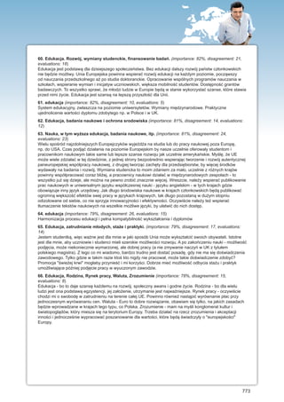 60. Edukacja. Rozwój, wymiany studenckie, finansowanie badań. (importance: 82%, disagreement: 21,
evaluations: 18)
Edukacja jest podstawą dla dzisiejszego społeczeństwa. Bez edukacji dalszy rozwój państw członkowskich
nie będzie możliwy. Unia Europejska powinna wspierać rozwój edukacji na każdym poziomie, począwszy
od nauczania przedszkolnego aż po studia doktoranckie. Opracowanie wspólnych programów nauczania w
szkołach, wspieranie wymian i inicjatyw uczniowskich, większa mobilność studentów. Dostępność grantów
badawczych. To wszystko sprawi, że młodzi ludzie w Europie będą w stanie wykorzystać szanse, które stawia
przed nimi życie. Edukacja jest szansą na lepszą przyszłość dla Unii.
61. edukacja (importance: 82%, disagreement: 10, evaluations: 5)
System edukacyjny, zwłaszcza na poziomie uniwersytetów. Wymiany międzynarodowe. Praktyczne
ujednolicenie wartości dyplomu zdobytego np. w Polsce i w UK.
62. Edukacja, badania naukowe i ochrona srodowiska (importance: 81%, disagreement: 14, evaluations:
12)
63. Nauka, w tym wyższa edukacja, badania naukowe, itp. (importance: 81%, disagreement: 24,
evaluations: 23)
Wielu spośród najzdolniejszych Europejczyków wyjeżdża na studia lub do pracy naukowej poza Europę,
np. do USA. Czas podjąć działania na poziomie Europejskim by nasze uczelnie oferowały studentom i
pracownikom naukowym takie same lub lepsze szanse rozwoju jak uczelnie amerykańskie. Myślę, że UE
może wiele zdziałać w tej dziedzinie, z jednej strony bezpośrednio wspierając tworzenie i rozwój autentycznej
paneuropejskiej współpracy naukowej, z drugiej tworząc zachęty dla przedsiębiorstw, by więcej środków
wydawały na badania i rozwój. Wymiana studencka to moim zdaniem za mało, uczelnie z różnych krajów
powinny współpracować coraz bliżej, a pracownicy naukowi działać w międzynarodowych zespołach - to
wszystko już się dzieje, ale można na pewno zrobić znacznie więcej. Wreszcie, należy wspierać publikowanie
prac naukowych w uniwersalnym języku współczesnej nauki - języku angielskim - w tych krajach gdzie
obowiązuje inny język urzędowy. Jak długo środowiska naukowe w krajach członkowskich będą publikować
ogromną większość efektów swej pracy w językach krajowych, tak długo pozostaną w dużym stopniu
odizolowane od siebie, co nie sprzyja innowacyjności i efektywności. Oczywiście należy też wspierać
tłumaczenie tekstów naukowych na wszelkie możliwe języki, by ułatwić do nich dostęp.
64. edukacja (importance: 79%, disagreement: 26, evaluations: 15)
Harmonizacja procesu edukacji i pełna kompatybilność wykształcenia i dyplomów
65. Edukacja, zatrudnianie młodych, staże i praktyki. (importance: 79%, disagreement: 17, evaluations:
14)
Jestem studentką, więc ważne jest dla mnie w jaki sposób Unia może wykształcić swoich obywateli. Istotne
jest dla mnie, aby uczniowie i studenci mieli szerokie możliwości rozwoju. A po zakończeniu nauki - możliwość
podjęcia, może niekoniecznie wymarzonej, ale dobrej pracy (a nie zmywanie naczyń w UK z tytułem
polskiego magistra). Z tego co mi wiadomo, bardzo trudno jest dostać posadę, gdy nie ma się doświadczenia
zawodowego. Tylko gdzie w takim razie ktoś kto nigdy nie pracował, może takie doświadczenie zdobyć?
Promocja "świeżej krwi" mogłaby przynieść i mi korzyści. Dobrze mieć możliwość odbycia stażu i praktyk
umożliwiające później podjęcie pracy w wyuczonym zawodzie.
66. Edukacja, Rodzina, Rynek pracy, Waluta, Zrozumienie (importance: 78%, disagreement: 15,
evaluations: 8)
Edukacja - bo to daje szansę każdemu na rozwój, społeczny awans i godne życie. Rodzina - bo dla wielu
ludzi jest ona podstawą egzystencji, jej założenie, utrzymanie jest najważniejsze. Rynek pracy - oczywiście
chodzi mi o swobodę w zatrudnieniu na terenie całej UE. Powinno również nastąpić wyrównanie płac przy
jednoczesnym wyrówananiu cen. Waluta - Euro to dobre rozwiązanie, obawiam się tylko, na jakich zasadach
będzie wprowadzane w krajach tego typu, co Polska. Zrozumienie - mam na myśli konglomerat kultur i
światopoglądów, który miesza się na terytorium Europy. Trzeba działać na rzecz zrozumienia i akceptacji
inności i jednocześnie wypracować poszanowanie dla wartości, które będą świadczyły o "europejskości"
Europy.




                                                                                                           773
 
