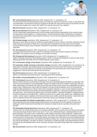 807. environmental issues (importance: 88%, disagreement: 11, evaluations: 14)
The EU should control all national governments and make sure what ever is left of our seas, air and earth stay
uncontaminated. If goverments continue to pretend it's all right now, they will only have to pay HUGE amounts
of money later anyway. Our money? Our health? Our natural resources? Our children?
808. Environment (importance: 88%, disagreement: 13, evaluations: 21)
809. the environment (importance: 88%, disagreement: 8, evaluations: 22)
The EU should help create awareness for environmental issues and the responsibility of the member states
and its people to work together on a cleaner Europe. The EU should also make it worthwile for companies
to produce more responsibly in every aspect of the word. This can be accomplished by handing out fines or
handing out grants.
810. Climate change (importance: 88%, disagreement: 17, evaluations: 15)
We have to move fast if we want our children or grand-children to have a chance. Therefore, politicians should
make decisions not based on influences or what they think is feasible but on what they know is needed.
Inventors will find ways to reach the goals. All research for alternative energies should be encouraged and
supported.
811. Environment (importance: 88%, disagreement: 12, evaluations: 12)
I strongly believe that environment is part of our heritage and we hence need to preserve it for future
generations. EU needs to focus its energies on this sector and keep
812. Energy and Environement (importance: 88%, disagreement: 8, evaluations: 6)
Today it's already quite late to start building a plan to "save" our planet. Nevertheless it's never too late as the
following generation will suffer from the Climate Change various aspect...
813. envirioment; energy; social issues (importance: 88%, disagreement: 8, evaluations: 19)
814. education, health, economy, enviroment, energy (importance: 88%, disagreement: 18, evaluations: 9)
regenerate of education and health.Organize economy,save enviromment,find new sources for the energy
problem.In my country nothing of all that are in the priorities of the goverment and i never heard serious
suggestions.I hope EU press the govermment for all that.
815. Environment (importance: 88%, disagreement: 12, evaluations: 8)
WIthout a sustainable environmental plan, everything else will be worthless
816. health, enviromental policy (importance: 88%, disagreement: 9, evaluations: 6)
817. Environment (importance: 88%, disagreement: 14, evaluations: 6)
Reduce carbon emissions and pollution is by large THE most important subject that affects our daily lifes. Not
only it can save the planet, it can substantially increase the quality of life of our children in the future. We live
today in Brussels surrounded by the noise of too many cars driving too fast using very unefficiently very heavy
diesel motors. Walking every day to take the children to school should be pleasant, and it isn't because the
smell of diesel pesters the air and the noise of cars and planes disturbs us, even in quiet neighbourhoods like
WSP. The EU should firmly and quickly put forward legislation regarding: - strong encouragement to electric
and hibrid cars - stop incentives to diesel motors, the worst pollutors - prohibite circulation in neighbourhoods,
except for residents (no through traffic) - determine at least once a month a day without cars, preferably once
a week - stricter rules for airplanes, which should reduce noise, traffic and think also electric - determine strict
rules for planting of trees and recovering the environment around new buildings and streets
818. environmental and climate change policy (importance: 88%, disagreement: 10, evaluations: 12)
Environmental policy and climate change should remain as a top priority in the EU agenda. Europe has a
leeting part at the moment and should take the momentum to keep the other countries to the post Kioto
process.
819. Renewable Energy Recources (importance: 88%, disagreement: 11, evaluations: 12)
I believe that I am very fortunate to live on the island of Rhodes, which is proven as one of the sunniest places
in Europe (last study showed 3100 hrs per year). I'm am very unfortunate though, watching all that sun not
being reclaimed. Focusing on that, investments in solar energy would solve many problems. I believe that if
E.U. encouraged people to use solar energy for their own homes, by funding part of the investment, a big relief
would be given to the economy. All the Greek islands, along with many other places around the Mediterranean
can produce enough Solar, Wind, and Geothermal (Nisyros, Mylos, etc.) energy to power not only themselves,
but most of the mainland. The island of Samso in Denmark is a perfect example, and projects like that should
be done all over the Mediterranean, which can above all others, use solar energy better than anywhere else in
Europe.
820. Environment (importance: 88%, disagreement: 13, evaluations: 12)



                                                                                                                       85
 