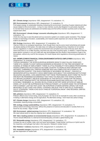 821. Climate change (importance: 88%, disagreement: 14, evaluations: 11)
 822. Environmental (importance: 88%, disagreement: 13, evaluations: 5)
 From green energy, to sustainable foresting, protecting the environment, recycling of waste material and other
 issues related to the environment... Living in a new member country like Bulgaria it is paricularly important
 to me that these issues are addressed and tackled asap and that all EU member countries work to help and
 support each other.
 823. Environment / climate change / economic refunding plan (importance: 88%, disagreement: 11,
 evaluations: 10)
 I think the only way to save the planet and our economic system is to create a green revolution. This change
 funded on technology innovation, sustainability, and massive public expenses can only be made at the EU
 scale to be effective.
 824. Ecology (importance: 88%, disagreement: 10, evaluations: 18)
 I feel as if there is no ecological awareness. Even though there may be some recent advertising and people
 are slowly starting to think green, the state does not really push ecological living. Industries do not comply
 with EU regulations in order to protect the environment and corruption once more is the key word. Also, it
 seems that there is no or little recycling, and there are only a few recycling spots. In addition, it seems that the
 greek electric company is not up to date with new technologies and this results in big emissions of gas in the
 atmosphere, without any cost for the company. EU could impose strict regulations concerning preservation of
 nature.
 825. UNEMPLOYMENT,FINANCIAL CRISIS,ENVIRONMENT,INTER-EU EMPLOYMEN (importance: 88%,
 disagreement: 19, evaluations: 13)
 THOUGH SEEMINGLY THE INTER-EUROPEAN BORDERS SEEM TO HAVE FALLEN YEARS AGO,
 THERE STILL SEEMS TO EXIST SERIOUS BARRIERS AS REGARDS TO THE FREE MOVEMENT OF
 HUMANS, IN TERMS OF EMPLOYMENT. THERE IS LITTLE POSSIBILITY FOR A GREEK PROFESSIONAL
 HAVING COMPLETED HIS STUDIES IN HIS HOME COUNTRY TO WORK IN GRAIT BRITAIN FOR
 INSTANCE. COMPANIES WILL PREFER SOMEONE WHO HAS COMPLETED HIS STUDIES AT THE
 "DESTINATION COUNTRY". FOR WHICH FREEDOM OF MOVEMENT WE SPEAK? I RUN INTO A
 NEWSPAPER ARTICLE RECENTLY WHICH MENTIONED DATA ABOUT THE EUROPEAN INSTITUTIONS'
 DELEGATES SALARIES. I CAN UNDERSTAND THAT THESE PROFESSIONAL MUST FORM THE "ELITE"
 AND MUST BE REWARDED ACCORDINGLY? BUT HAVE YOU REALIZED THAT WHOLE EUROPE
 IS A "BOLING CALDRON"? I BELIEVE EVERYBODY AT THIS DIFFICULT STAGE FOR THE WHOLE
 WORLD, MUST DEMONSTRATE THE PROPER REASONABLENESS AND ESPECIALLY NOT TO BE
 EVOCABLE. REMEMBER: ALL SEVERE REVOLUTIONS IN HISTORY WERE INITIATED BY SIMILAR
 CRISIS. LET US NOT BE SUPPRESSIVE BUT PRECAUTIONARY. LET EUROPE MAKE THE DIFFERENCE
 FOR A CHANGE!! LAST BUT NOT LEAST. WE EUROPEAN CITIZENS DEPEND LARGELY ON YOUR
 MEASURES TO GET OVER THIS CRISIS. I STRONGLY BELIEVE THAT IF ONE FALLS, EVERYBODY
 FALLS. OTHERWISE, THERE IS NO SUCH THING AS "EUROPEAN UNION" KIND REGARDS, DIMITRA
 PANAGOPOULOU
 826. pollution (importance: 88%, disagreement: 12, evaluations: 5)
 Pollution effects every human being, every European. EU has to be an example for every other countries by
 investing in alternative energy and bio agriculture. Re alternative energy, I dont mean low carbon energy.
 827. Climate change (importance: 88%, disagreement: 10, evaluations: 22)
 renewables, lowering energy consumption
 828. ecology, energy sustainabilituy (importance: 88%, disagreement: 10, evaluations: 7)
 without nature and energy resources, without the presence of science and education in society there is no
 future for any society - large or small
 829. Environment - global warming (importance: 87%, disagreement: 14, evaluations: 16)
 We need radical action to stop the ongoing rise in global temperatures
 830. Take a leading position on environmental issues (importance: 87%, disagreement: 16, evaluations: 7)
 The EU should effectivise it´s internal Environmental policy and take a global leading role
 831. Renewable energy (importance: 87%, disagreement: 14, evaluations: 17)
 Increase the use of nuclear, solar, wind and wave technologies. Forget biofuel, and focus on hybrid cars for
 the meantime, and hydrogen fuel cells in the long term. Research nuclear fusion!
 832. Pollution + violence (importance: 87%, disagreement: 4, evaluations: 3)
 833. renewable energies (importance: 87%, disagreement: 9, evaluations: 18)
 get less dependant on fossile fuels


86
 