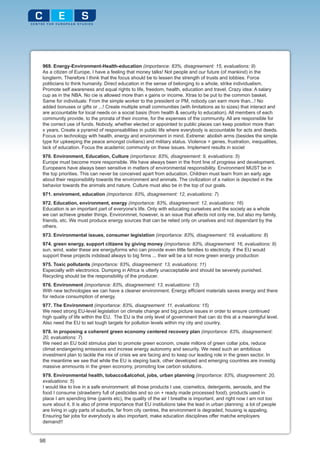 969. Energy-Environment-Health-education (importance: 83%, disagreement: 15, evaluations: 9)
 As a citizen of Europe, I have a feeling that money talks! Not people and our future (of mankind) in the
 longterm. Therefore I think that the focus should be to lessen the strength of trusts and lobbies. Force
 politicians to think humanity. Direct education in the sense of belonging to a whole, strike individualism.
 Promote self awareness and equal rights to life, freedom, health, education and travel. Crazy idea: A salary
 cup as in the NBA. No cie is allowed more than x gains or income. Xtras to be put to the common basket.
 Same for individuals: From the simple worker to the president or PM, nobody can earn more than...! No
 added bonuses or gifts or ...! Create multiple small communities (with limitations as to sizes) that interact and
 are accountable for local needs on a social basis (from health & security to education). All members of each
 community provide, to the prorata of their income, for the expenses of the community. All are responsible for
 the correct use of funds. Nobody, whether elected or appointed to public places can keep position more than
 x years. Create a pyramid of responsabilities in public life where everybody is accountable for acts and deeds.
 Focus on technology with health, energy and environment in mind. Extreme: abolish arms (besides the simple
 type for upkeeping the peace amongst civilians) and military status. Violence = genes, frustration, inequalities,
 lack of education. Focus the academic community on these issues. Implement results in societ
 970. Environment, Education, Culture (importance: 83%, disagreement: 9, evaluations: 5)
 Europe must become more responsible. We have always been in the front line of progress and development.
 Europeans have always been sensitive in matters of environmental responsibility. Environment MUST be in
 the top priorities. This can never be conceived apart from education. Children must learn from an early age
 about their responsibility towards the environment and animals. The civilization of a nation is depicted in the
 behavior towards the animals and nature. Culture must also be in the top of our goals.
 971. enviroment, education (importance: 83%, disagreement: 12, evaluations: 7)
 972. Education, environment, energy (importance: 83%, disagreement: 12, evaluations: 16)
 Education is an important part of everyone's life. Only with educating ourselves and the society as a whole
 we can achieve greater things. Environmnet, however, is an issue that affects not only me, but also my family,
 friends, etc. We must produce energy sources that can be relied only on urselves and not dependant by the
 others.
 973. Environmental issues, consumer legislation (importance: 83%, disagreement: 19, evaluations: 8)
 974. green energy, support citizens by giving money (importance: 83%, disagreement: 16, evaluations: 9)
 sun, wind, water these are energyforms who can provide even little families to electricity. if the EU would
 support these projects indstead always to big firms ... their will be a lot more green energy production
 975. Toxic pollutants (importance: 83%, disagreement: 13, evaluations: 11)
 Especially with electronics. Dumping in Africa is utterly unacceptable and should be severely punished.
 Recycling should be the responsibility of the producer.
 976. Environment (importance: 83%, disagreement: 13, evaluations: 13)
 With new technologies we can have a cleaner environment. Energy efficient materials saves energy and there
 for reduce consumption of energy.
 977. The Environment (importance: 83%, disagreement: 11, evaluations: 15)
 We need strong EU-level legislation on climate change and big picture issues in order to ensure continued
 high quality of life within the EU. The EU is the only level of government that can do this at a meaningful level.
 Also need the EU to set tough targets for pollution levels within my city and country.
 978. in proposing a coherent green economy centered recovery plan (importance: 83%, disagreement:
 20, evaluations: 7)
 We need an EU bold stimulus plan to promote green econom, create millons of green collar jobs, reduce
 climat endangering emissions and increse energy autonomy and security. We need such an ambitious
 investment plan to tackle the mix of crisis we are facing and to keep our leading role in the green sector. In
 the meantime we see that while the EU is steping back, other developed and emerging countries are investig
 massive ammounts in the green economy, promoting low carbon solutions.
 979. Environmental health, tobacco&alcohol, jobs, urban planning (importance: 83%, disagreement: 20,
 evaluations: 5)
 I would like to live in a safe environment: all those products I use, cosmetics, detergents, aerosols, and the
 food I consume (strawberry full of pesticides and so on + ready made processed food), products used in
 place I am spending time (paints etc), the quality of the air I breathe is important, and right now I am not too
 sure about it. It is also of prime importance that EU institutions take the lead in urban planning: a lot of people
 are living in ugly parts of suburbs, far from city centres, the environment is degraded, housing is appaling.
 Ensuring fair jobs for everybody is also important, make education disciplines offer matche employers
 demand!!


98
 