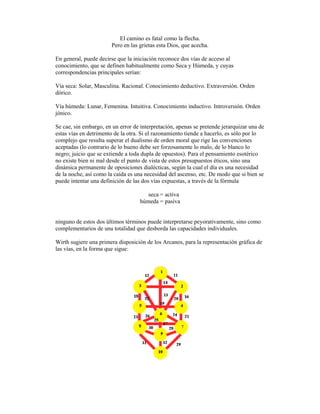 El camino es fatal como la flecha.
Pero en las grietas esta Dios, que acecha.
En general, puede decirse que la iniciación reconoce dos vías de acceso al
conocimiento, que se definen habitualmente como Seca y Húmeda, y cuyas
correspondencias principales serían:
Vía seca: Solar, Masculina. Racional. Conocimiento deductivo. Extraversión. Orden
dórico.
Vía húmeda: Lunar, Femenina. Intuitiva. Conocimiento inductivo. Introversión. Orden
jónico.
Se cae, sin embargo, en un error de interpretación, apenas se pretende jerarquizar una de
estas vías en detrimento de la otra. Si el razonamiento tiende a hacerlo, es sólo por lo
complejo que resulta superar el dualismo de orden moral que rige las convenciones
aceptadas (lo contrario de lo bueno debe ser forzosamente lo malo, de lo blanco lo
negro; juicio que se extiende a toda dupla de opuestos). Para el pensamiento esotérico
no existe bien ni mal desde el punto de vista de estos presupuestos éticos, sino una
dinámica permanente de oposiciones dialécticas, según la cual el día es una necesidad
de la noche, así como la caída es una necesidad del ascenso, etc. De modo que si bien se
puede intentar una definición de las dos vías expuestas, a través de la fórmula
seca = activa
húmeda = pasiva

ninguno de estos dos últimos términos puede interpretarse peyorativamente, sino como
complementarios de una totalidad que desborda las capacidades individuales.
Wirth sugiere una primera disposición de los Arcanos, para la representación gráfica de
las vías, en la forma que sigue:

 