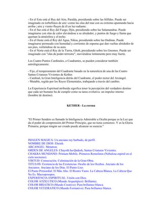 - En el Este está el Rey del Aire, Paralda, presidiendo sobre las Sílfides. Puede ser
imaginado en torbellinos de aire -como las olas del mar con su extremo apuntando hacia
arriba-; aire y viento fluyen de él en luz radiante.
- En el Sur está el Rey del Fuego, Djin, presidiendo sobre las Salamandras. Puede
imaginarse con olas de calor elevándose a su alrededor, y puntos de fuego y llama que
queman la atmósfera y el techo.
- En el Oeste está el Rey del Agua, Niksa, presidiendo sobre las Ondinas. Puede
imaginarse permeado con humedad y corrientes de espuma que dan vueltas alrededor de
sus pies, vertiéndose de su aura.
- En el Norte está el Rey de la Tierra, Ghob, presidiendo sobre los Gnomos. Puede ser
imaginado con "olas de poder terrestre", moviéndose lentamente pero muy fuerte.
Los Cuatro Puntos Cardinales, o Cuadrantes, se pueden considerar también
astrológicamente:
- Fijo, el temperamento del Cuadrante basado en la naturaleza de una de las Cuatro
Santas Criaturas Vivientes de Kether.
- Cardinal, la Gran Inteligencia detrás del Cuadrante, el poder rector del Arcángel.
- Mutable, regido por los Reyes Elementales, trabajando a través del cambio.
La Experiencia Espiritual atribuida significa tener la percepción del verdadero destino
que cada ser humano ha de cumplir como su tarea evolutiva: un impulso interno
(hombre de destino).

KETHER - La corona

"El Primer Sendero es llamado la Inteligencia Admirable u Oculta porque es la Luz que
da el poder de comprensión del Primer Principio, que no tiene comienzo. Y es la Gloria
Primaria, porque ningún ser creado puede alcanzar su esencia."

IMAGEN MAGICA: Un anciano rey barbudo, de perfil.
NOMBRE DE DIOS: Eheieh.
ARCANGEL: Metatron.
ORDEN DE ANGELES: Chayoth ha-Qadesh, Santas Criaturas Vivientes.
CHAKRA MUNDANO: Primum Mobile. Primeros Remolinos (Nebulosa espiral en el
cielo nocturno).
VIRTUD: Consecución. Culminación de la Gran Obra.
TITULOS: Existencia de las Existencias. Oculto de los Ocultos. Anciano de los
Ancianos. Anciano de los Días. El Punto Liso.
El Punto Primordial. El Más Alto. El Rostro Vasto. La Cabeza Blanca. La Cabeza Que
No Es. Macroposopos.
EXPERIENCIA ESPIRITUAL: Unión con Dios.
COLOR ATZILUTICO (Mundo Arquetípico): Brillantez.
COLOR BRIATICO (Mundo Creativo): Pura brillantez blanca.
COLOR YETZIRATICO (Mundo Formativo): Pura brillantez blanca.

 