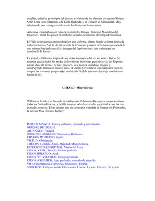estrellas, están los prototipos del destino evolutivo de los planetas de nuestro Sistema
Solar. Uma tiene referencia a la Tabla Redonda, y la Umi con el Santo Grial. Muy
relacionado con la magia estelar están los Misterios Samotracios.
Así como Chokmah posee riqueza en símbolos fálicos (Principio Masculino del
Universo), Binah los posee en símbolos sexuales femeninos (Principio Femenino).
El Vicio se relaciona con una obsesión con la forma, siendo Binah la forma detrás de
todas las formas. Así, la Avaricia sería la formación y sostén de la idea equivocada de
uno mismo -haciendo una falsa imagen del Espíritu con el que trabajar en los
mundos de la forma-.
La Virtud, el Silencio, implicado en todos los niveles del ser, no sólo el físico. Se
necesita acallar todos los ruidos de los niveles inferiores para oír la voz del Espíritu estado ideal de forma-. A nivel práctico, si se realiza un trabajo mágico y
construyendo formas en materia sutil, el secreto y el silencio son esenciales para no
romper las tensiones psíquicas (el modo más fácil de arruinar el trabajo esotérico es
hablar de él).

CHESED - Misericordia

"El Cuarto Sendero es llamado la Inteligencia Cohesiva o Receptiva porque contiene
todos los Santos Poderes, y de ella emanan todas las virtudes espirituales con las más
exaltadas esencias. Ellas emanan una de la otra por virtud de la Emanación Primordial,
la Corona Más Elevada, Kether."

IMAGEN MAGICA: Un rey poderoso, coronado y entronizado.
NOMBRE DE DIOS: El.
ARCANGEL: Tzadqiel.
ORDEN DE ANGELES: Chasmalim. Brillantes.
CHAKRA MUNDANO: Júpiter.
VIRTUD: Obediencia.
TITULOS: Gedulah, Amor. Majestad, Magnificencia.
EXPERIENCIA ESPIRITUAL: Visión del Amor.
COLOR ATZILUTHICO: Violeta profundo.
COLOR BRIATICO: Azul.
COLOR YETZIRATICO: Púrpura profundo.
COLOR ASSIATICO: Azul profundo, moteado de amarillo.
VICIO: Intolerancia. Hipocresía. Glotonería. Tiranía.
SIMBOLOS: La figura sólida. El tetraedro. El orbe. La vara. El cetro. El cayado.

 