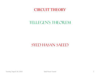 CIRCUIT THEORY
TELLEGEN’S THEOREM
SYED HASAN SAEED
Sunday, August 18, 2019 1Syed Hasan Saeed
 