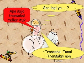 Apa lagi ya …..? Apa saja transaksi teller itu? Transaksi Tunai  Transaksi non tunai 