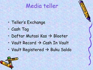 Media teller Teller’s Exchange Cash Tag Daftar Mutasi Kas    Blooter Vault Record    Cash In Vault Vault Registered    Buku Saldo  