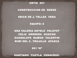 CBTIS  251 CONSTRUCCION DE  REDES ERICK DE J. TELLEZ  VERA EQUIPO: 6  ANA VALERIA ANTELE  PALAYOT CELIA  HERRERA  GOXCON GUADALUPE  RAMON  VALENTIN RUBI DEL C. TRUJILLO  ATAXCA 601 “A” SANTIAGO  TUXTLA  VERACRUZ. 