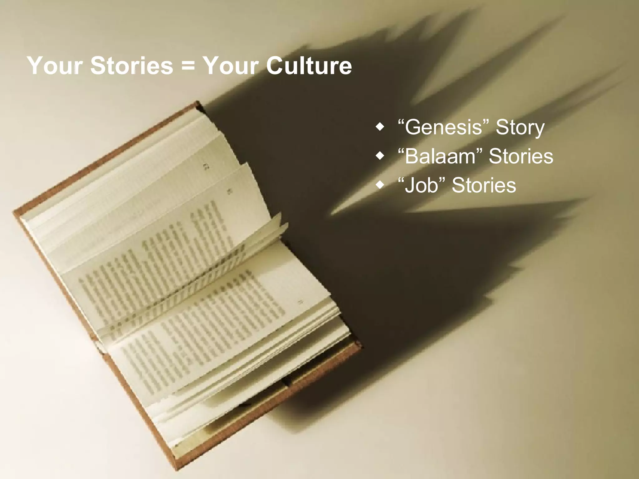 Your Stories = Your Culture “ Genesis” Story “ Balaam” Stories  “ Job” Stories 