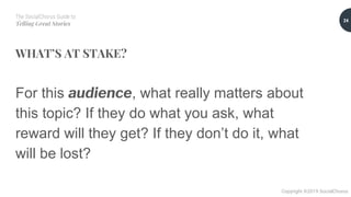 The SocialChorus Guide to
Telling Great Stories
Copyright ©2019 SocialChorus
WHAT’S AT STAKE?
For this audience, what really matters about
this topic? If they do what you ask, what
reward will they get? If they don’t do it, what
will be lost?
24
 
