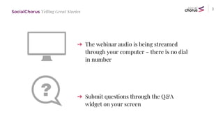 SocialChorus Telling Great Stories
3
➔ The webinar audio is being streamed
through your computer – there is no dial
in number
➔ Submit questions through the Q&A
widget on your screen
 