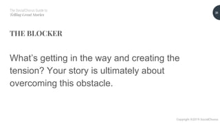 The SocialChorus Guide to
Telling Great Stories
Copyright ©2019 SocialChorus
THE BLOCKER
What’s getting in the way and creating the
tension? Your story is ultimately about
overcoming this obstacle.
31
 