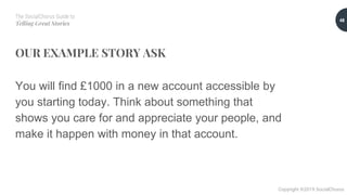 The SocialChorus Guide to
Telling Great Stories
Copyright ©2019 SocialChorus
OUR EXAMPLE STORY ASK
You will find £1000 in a new account accessible by
you starting today. Think about something that
shows you care for and appreciate your people, and
make it happen with money in that account.
48
 