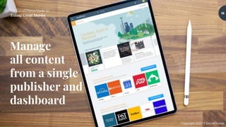 The SocialChorus Guide to
Telling Great Stories
Copyright ©2019 SocialChorus
Manage
all content
from a single
publisher and
dashboard
58
 