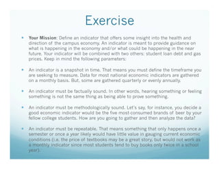 Exercise
—  Your Mission: Define an indicator that offers some insight into the health and

direction of the campus economy. An indicator is meant to provide guidance on
what is happening in the economy and/or what could be happening in the near
future. Your indicator will be combined with two others: student loan debt and gas
prices. Keep in mind the following parameters:

—  An indicator is a snapshot in time. That means you must define the timeframe you
are seeking to measure. Data for most national economic indicators are gathered
on a monthly basis. But, some are gathered quarterly or evenly annually.

—  An indicator must be factually sound. In other words, hearing something or feeling
something is not the same thing as being able to prove something.

—  An indicator must be methodologically sound. Let’s say, for instance, you decide a

good economic indicator would be the five most-consumed brands of beer by your
fellow college students. How are you going to gather and then analyze the data?

—  An indicator must be repeatable. That means something that only happens once a
semester or once a year likely would have little value in gauging current economic
conditions (i.e. the price of textbooks may be a great story, but would not work as
a monthly indicator since most students tend to buy books only twice in a school
year).

 