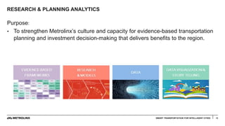 RESEARCH & PLANNING ANALYTICS
Purpose:
• To strengthen Metrolinx’s culture and capacity for evidence-based transportation
planning and investment decision-making that delivers benefits to the region.
13SMART TRANSPORTATION FOR INTELLIGENT CITIES
 