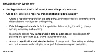 DATA STRATEGY & 2041 RTP
54
• Use big data to optimize infrastructure and improve services
• Action 5.6: Develop a regional transportation big data strategy
• Create a regional transportation big data portal, providing consistent and transparent
data collection, management and reporting.
• Establish regional standards for transportation data sourcing, formatting, privacy,
security, ownership and reporting.
• Identify and acquire new transportation data on all modes of transportation for
planning and operations (e.g., crowd-sourced traffic data).
• Advance coordination and standardization of transportation forecasting, modelling
and business case methodologies to support decision-making and evaluation.
INSERT FOOTER
 
