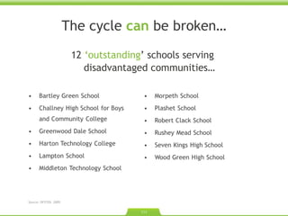 The cycle  can  be broken… 12  ‘ outstanding ’  schools serving  disadvantaged communities… Source: OFSTED. 2009.  