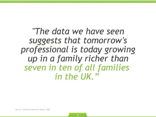 "The data we have seen suggests that tomorrow ’ s professional is today growing up in a family richer than  seven in ten of all families  in the UK.”   Sources: Unleashing Aspiration Report. 2009. 