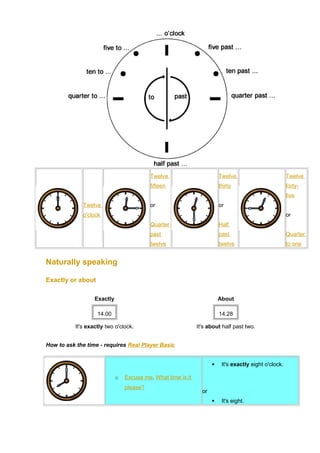 Twelve 
o'clock 
Twelve 
fifteen 
or 
Quarter 
past 
twelve 
Twelve 
thirty 
or 
Half 
past 
twelve 
Twelve 
forty-five 
or 
Quarter 
to one 
Naturally speaking 
Exactly or about 
Exactly About 
14.00 
It's exactly two o'clock. 
14.28 
It's about half past two. 
How to ask the time - requires Real Player Basic 
o Excuse me . What time is it 
please? 
 It's exactly eight o'clock. 
or 
 It's eight. 
 