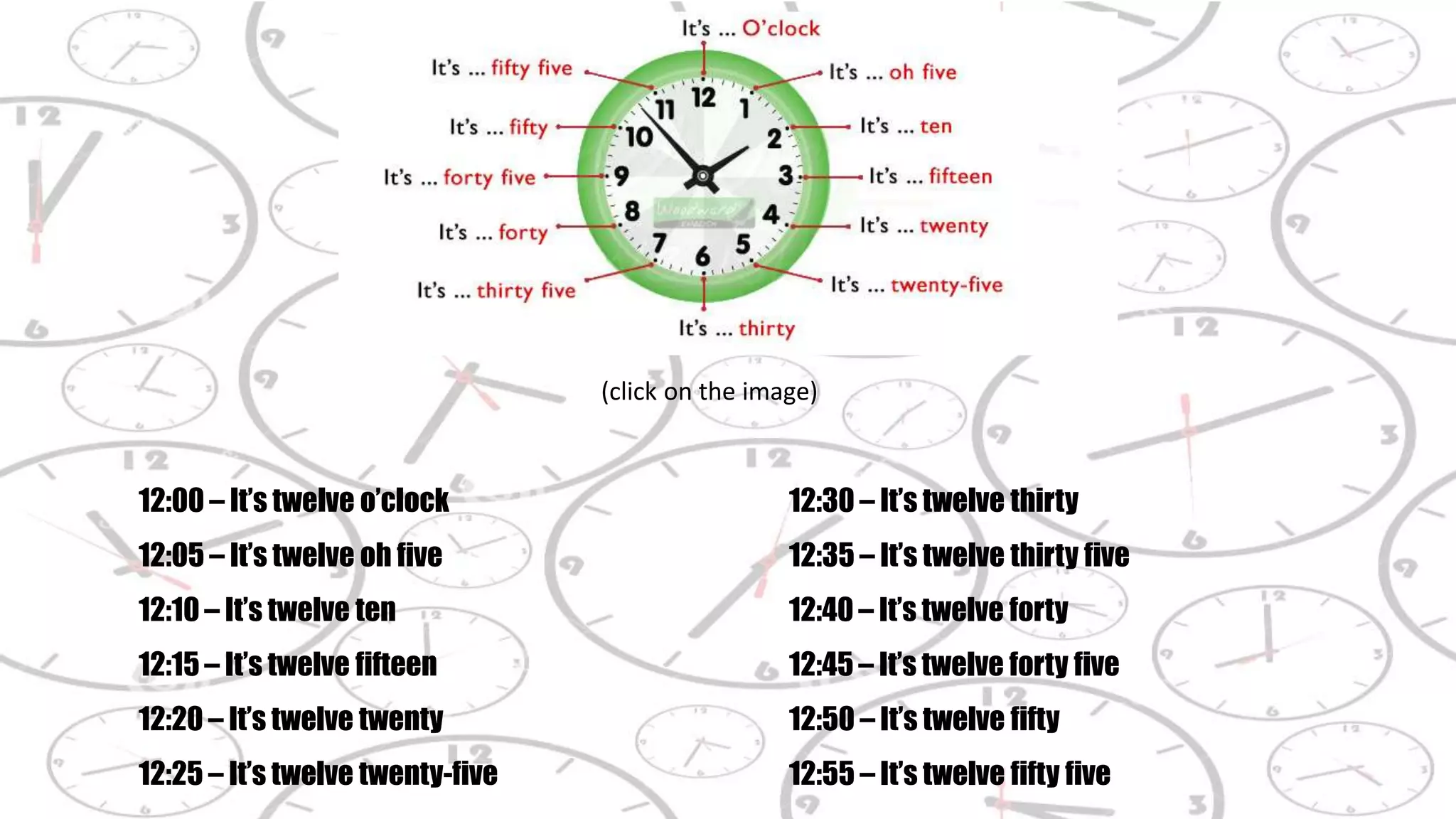 12:00 – It’s twelve o’clock
12:05 – It’s twelve oh five
12:10 – It’s twelve ten
12:15 – It’s twelve fifteen
12:20 – It’s twelve twenty
12:25 – It’s twelve twenty-five
12:30 – It’s twelve thirty
12:35 – It’s twelve thirty five
12:40 – It’s twelve forty
12:45 – It’s twelve forty five
12:50 – It’s twelve fifty
12:55 – It’s twelve fifty five
(click on the image)
