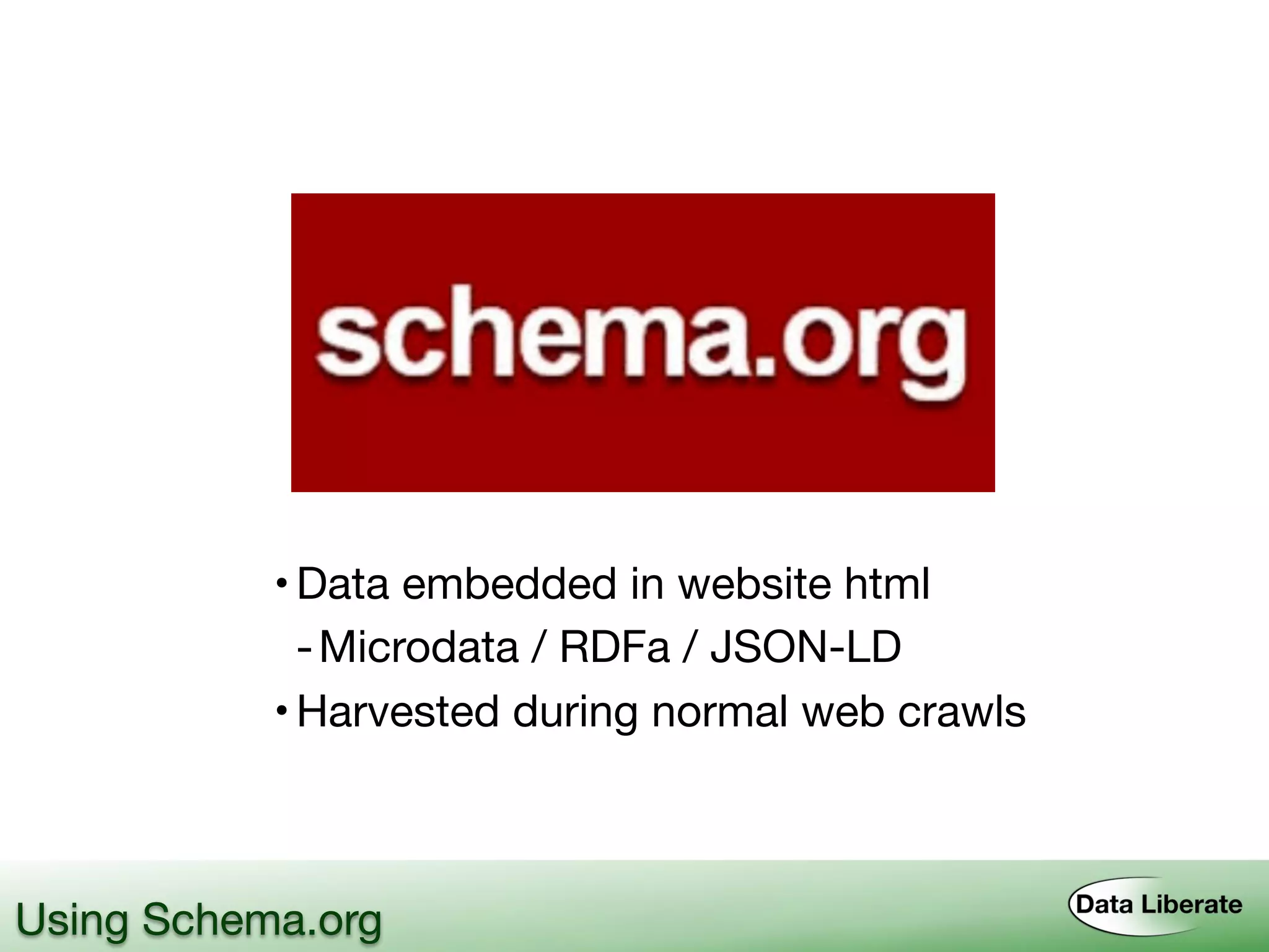 Using Schema.org
• Data embedded in website html
-Microdata / RDFa / JSON-LD
• Harvested during normal web crawls
 