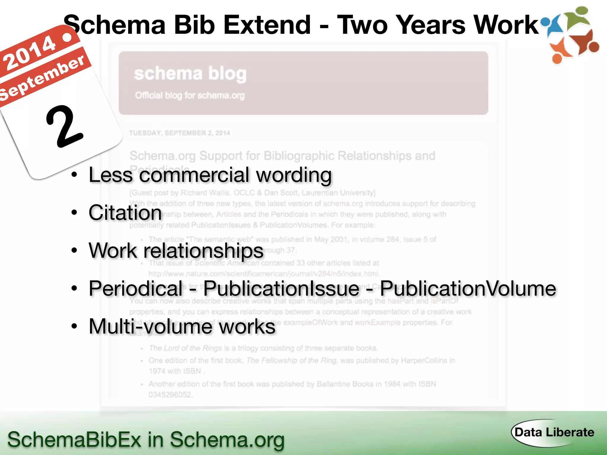 SchemaBibEx in Schema.org
Schema Bib Extend - Two Years Work
• Less commercial wording
• Citation
• Work relationships
• Periodical - PublicationIssue - PublicationVolume
• Multi-volume works
2
● 2014 ●
September
 