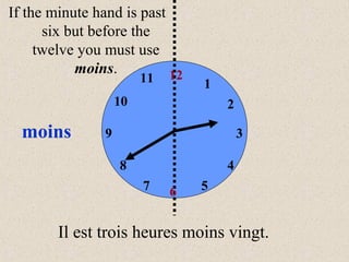 If the minute hand is past
      six but before the
     twelve you must use
           moins.          12
                         11       1
                    10                2

  moins         9                         3

                    8                 4
                         7    6   5


        Il est trois heures moins vingt.
 