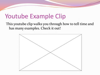 If the minute hand is in the green region, time is being told to the hour (a new hour is approaching).How the Clock WorksThe clock can be split into quarters and halves.If the big hand points at the 6, 30 minutes has passed (half of 60).If the big hand points at the 3, 15 minutes has passed (half of 30).30 minutes has passed15 minutes has passed
