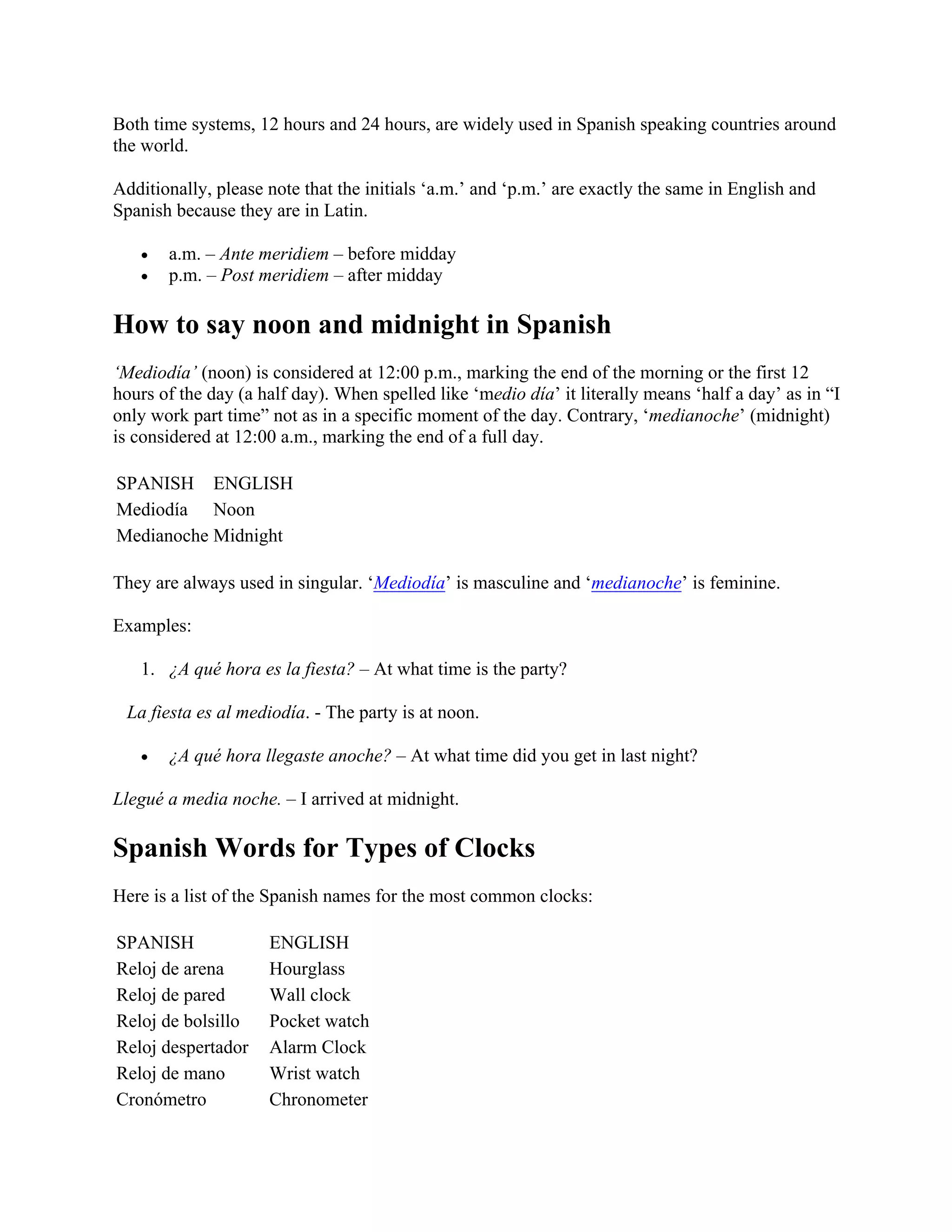 Telling Time In Spanish | PDF