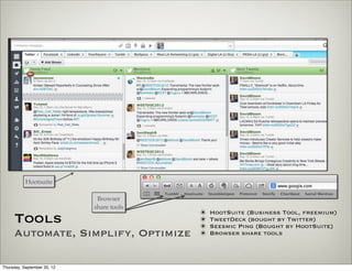 Hootsuite

                              Browser
                             share tools
                                           ✴   HootSuite (Business Tool, freemium)
     Tools                                 ✴
                                           ✴
                                               TweetDeck (bought by Twitter)
                                               Seesmic Ping (Bought by HootSuite)
     Automate, Simplify, Optimize          ✴   Browser share tools



Thursday, September 20, 12
 