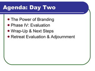Agenda: Day Two The Power of Branding Phase IV: Evaluation Wrap-Up & Next Steps Retreat Evaluation & Adjournment 
