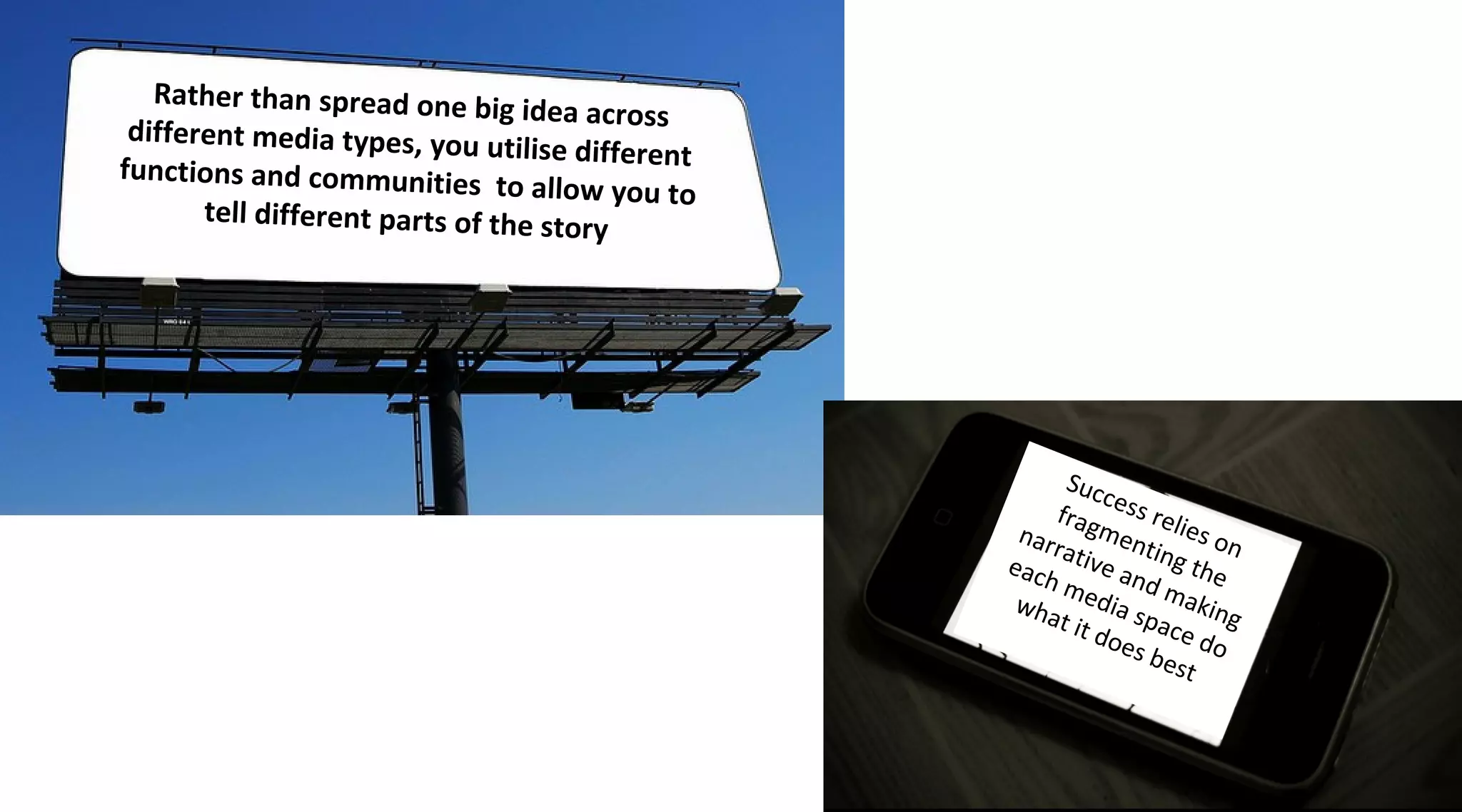 Rather than spread one big
                                  idea across
 different media types, you
                               utilise different
functions and communities
                                to allow you to
       tell different parts of the sto
                                       ry




                                                          Suc
                                                               c e ss
                                                        frag          r
                                                    nar       men elies o
                                                        rati         ting     n
                                                   eac       ve a
                                                       hm           nd m the
                                                    wha edia s aking
                                                         t it d pace
                                                               oes          d
                                                                      bes o
                                                                          t
 