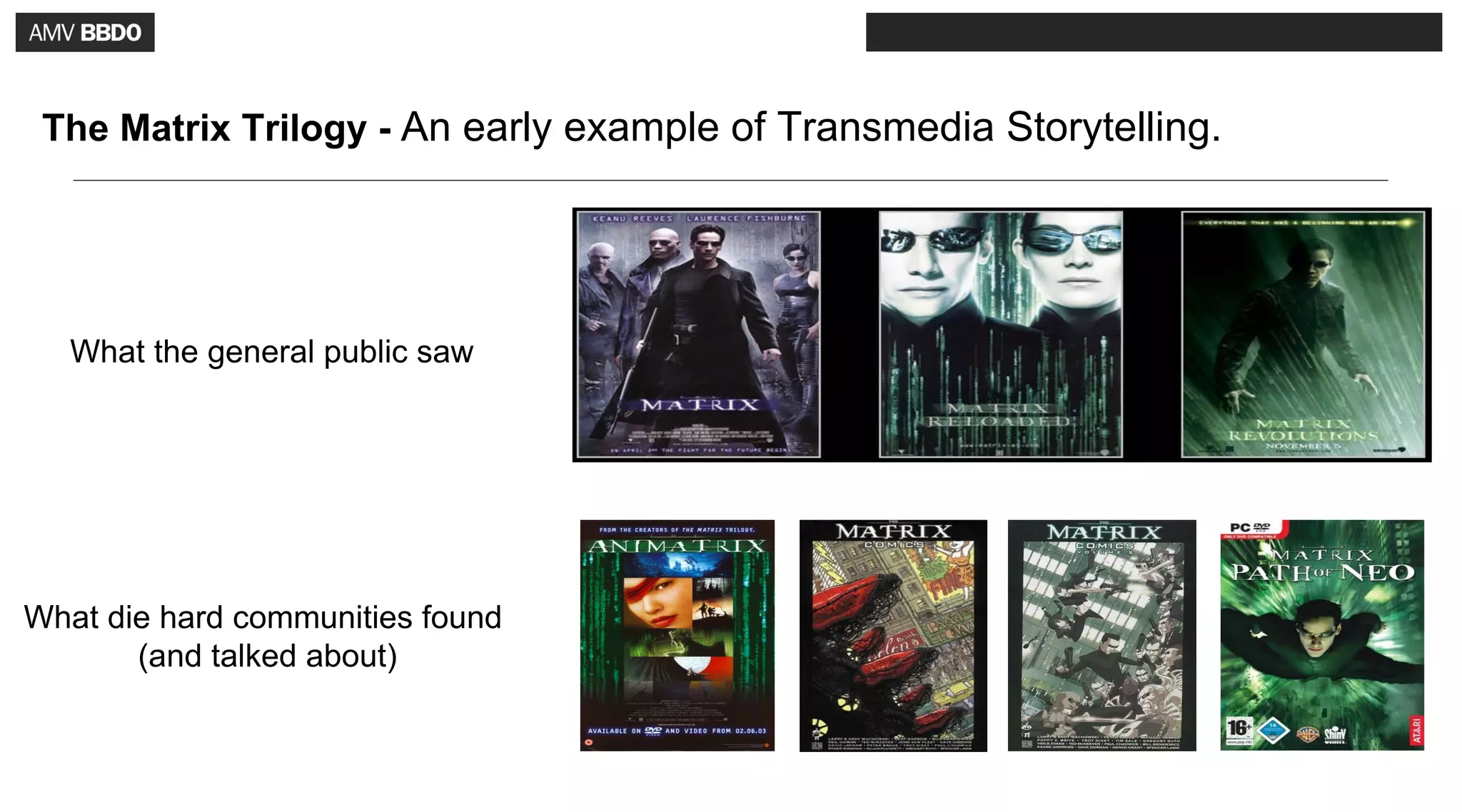 The Matrix Trilogy - An early example of Transmedia Storytelling.




  What the general public saw




What die hard communities found
       (and talked about)
 